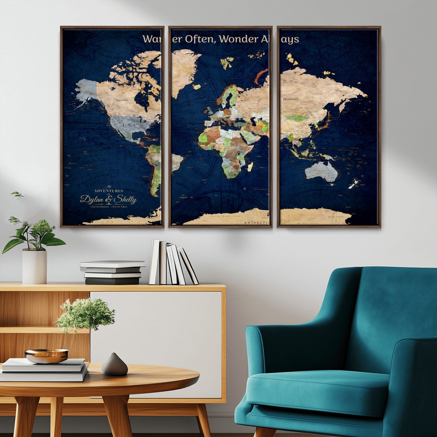 12399561-MGV-CV-30X20-Personalized World Map Print, Customizable Push Pin Framed World Map Print on Canvas - Custom Quote on Map Print