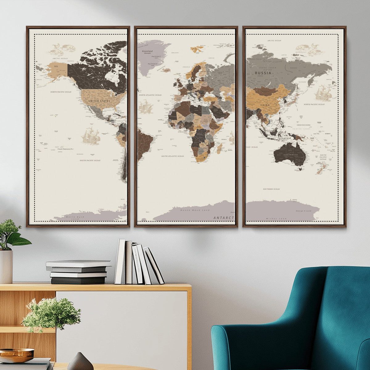 58777746-MGV-CV-36X24 - Custom Beige Modern Push Pin World Map Canvas Print, Places Visited Tracker, Bedroom and Study Decor