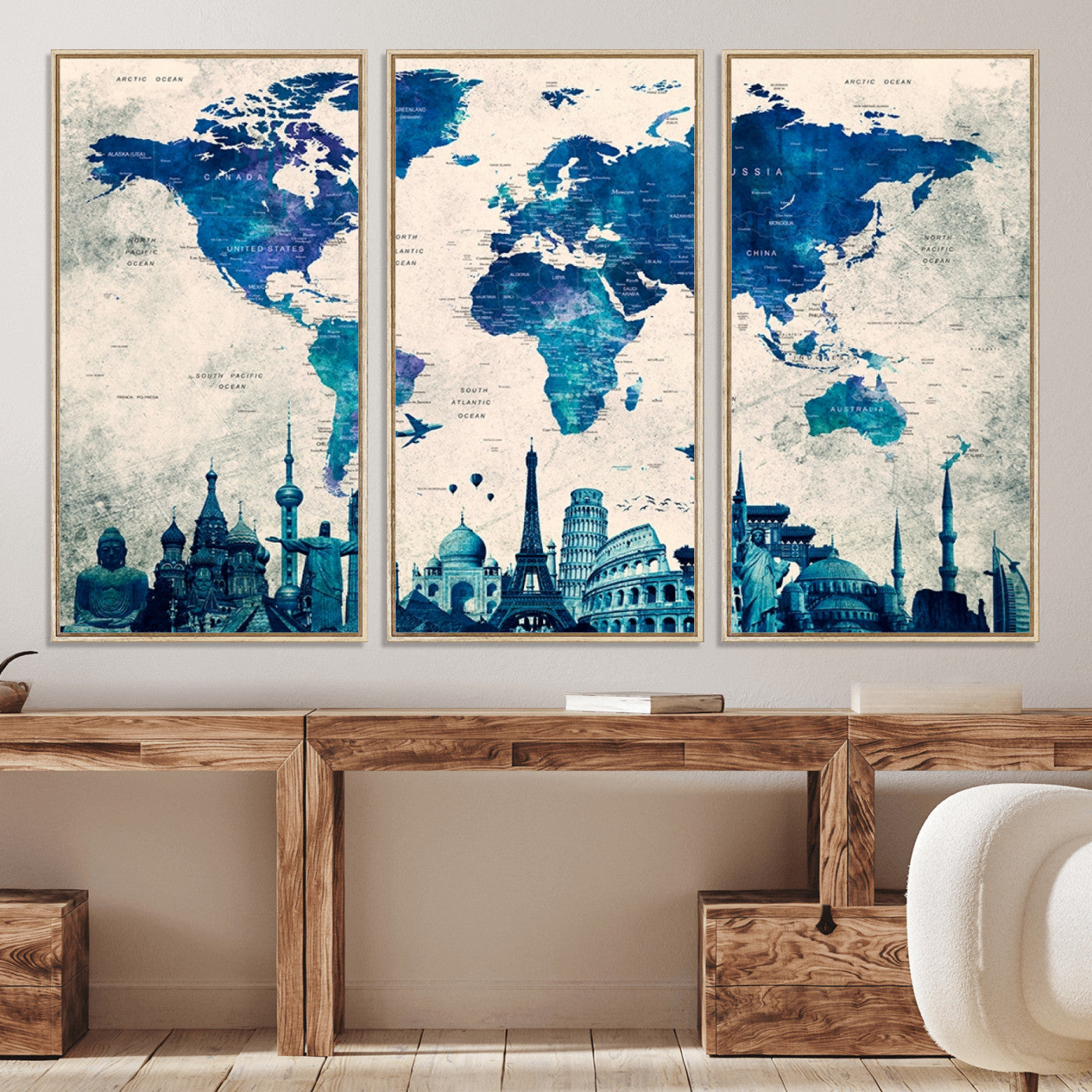 Navy Blue World Map Canvas Print, Wonder of World Map Push Pin Canvas Print