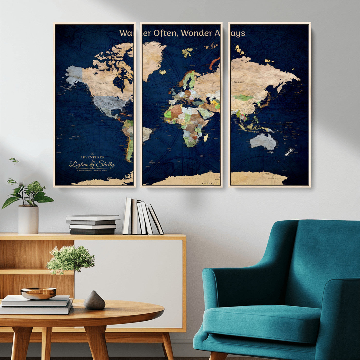 12399561-MGV-FC-60X40-3P_Natural-Personalized World Map Print, Customizable Push Pin Framed World Map Print on Canvas - Custom Quote on Map Print