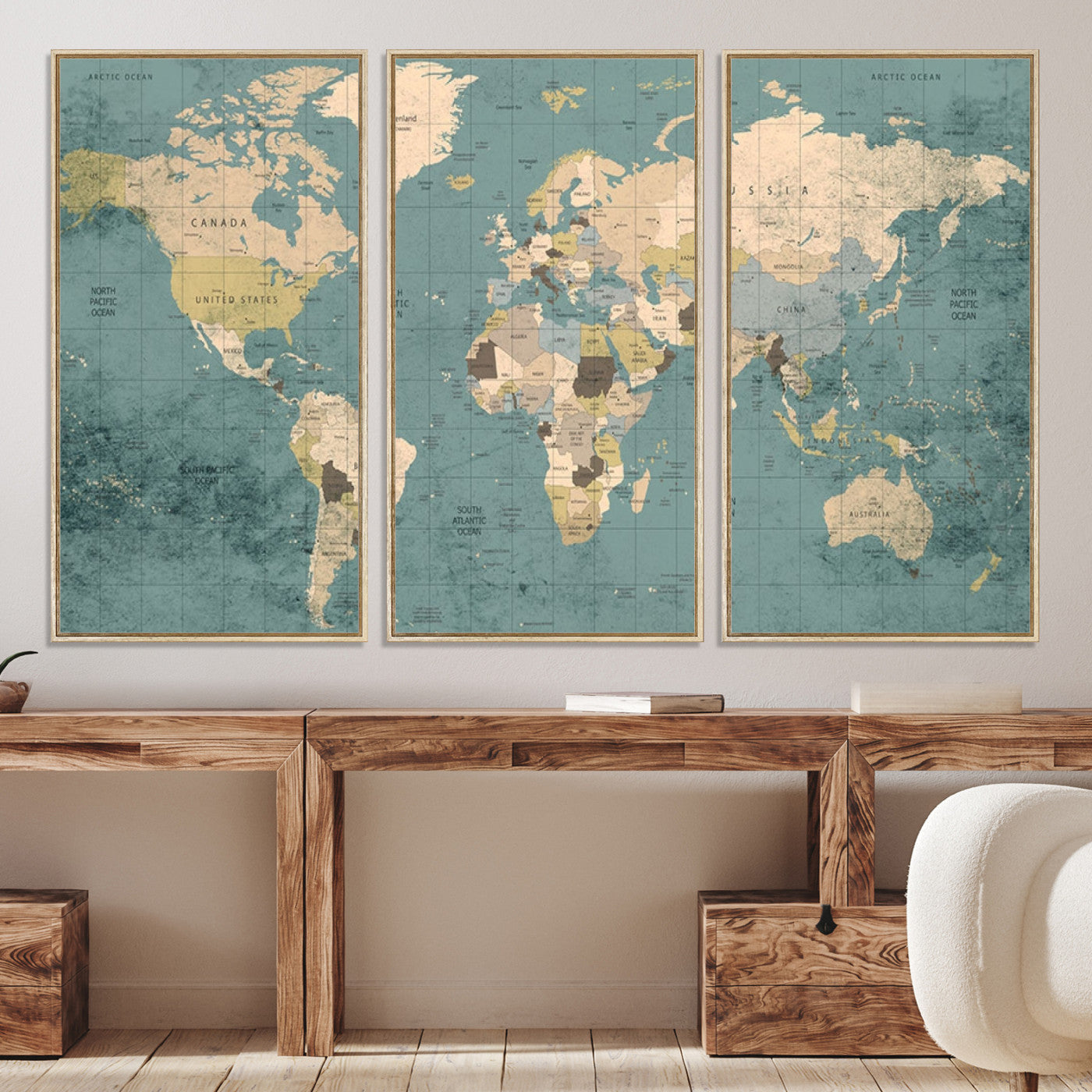 Classic World Map Wall Art Canvas Print, Framed Retro Map Art Picture Print, Vintage Atlas Perfect Rustic Explorer Decor Artwork