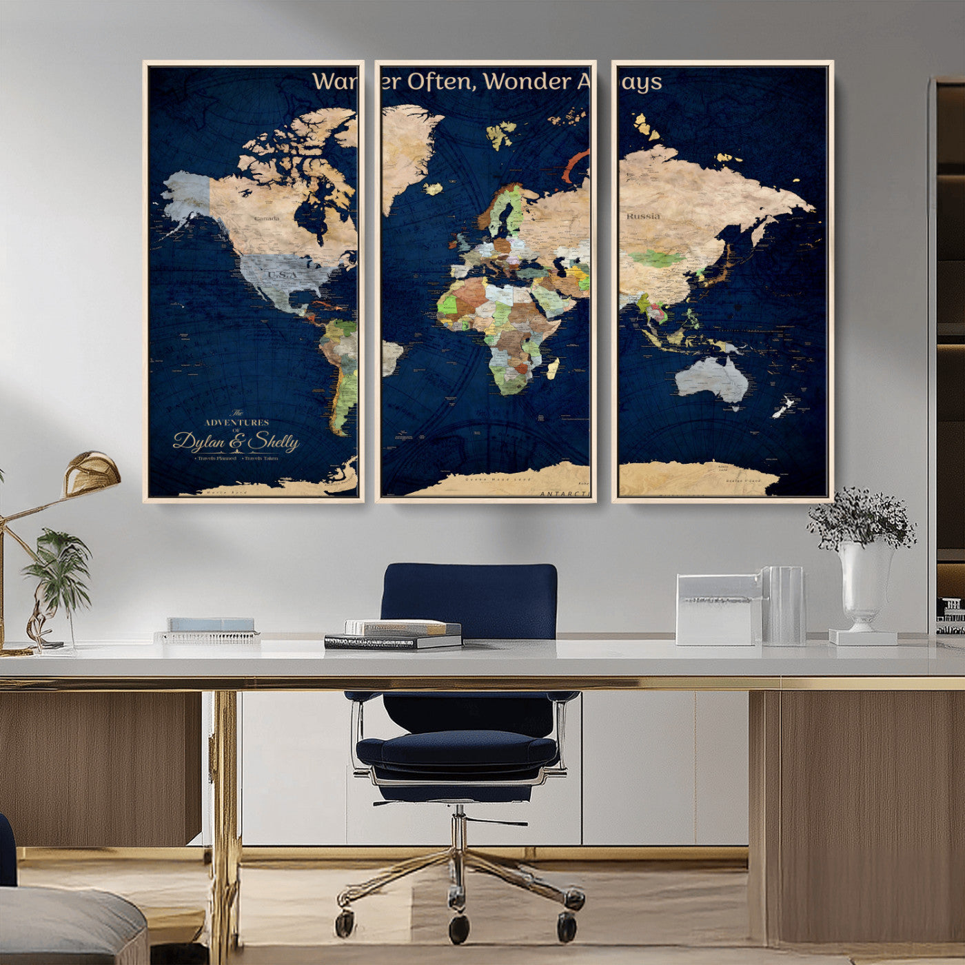 12399561-MGV-CV-30X20-Personalized World Map Print, Customizable Push Pin Framed World Map Print on Canvas - Custom Quote on Map Print