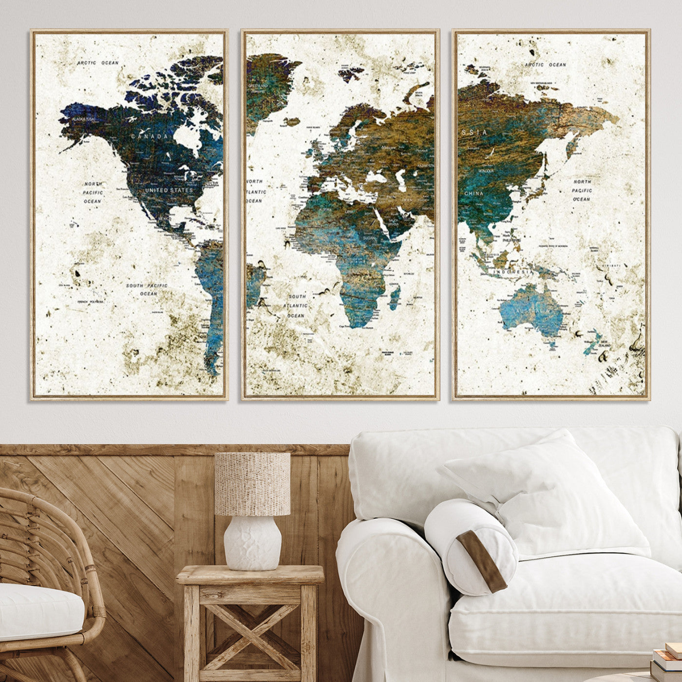 Vintage World Map Wall Art Canvas Print, Framed Rustic Earth Map Art Picture Print, Antique Map Perfect Rustic Vintage Decor Artwork