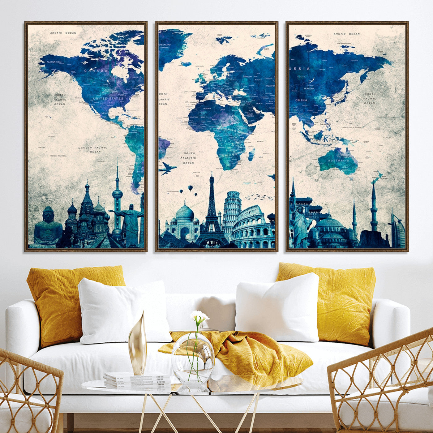Navy Blue World Map Canvas Print, Wonder of World Map Push Pin Canvas Print