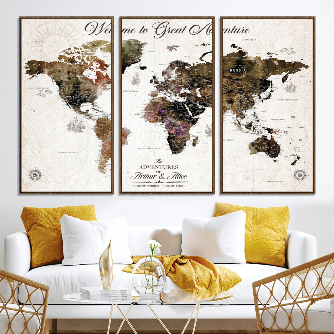 35778202-MGV-CV-36X24-Custom Push Pin World Map Wall Canvas Print – Personalized Travel Map with Pins – Framed Large Canvas for Home Office Decor