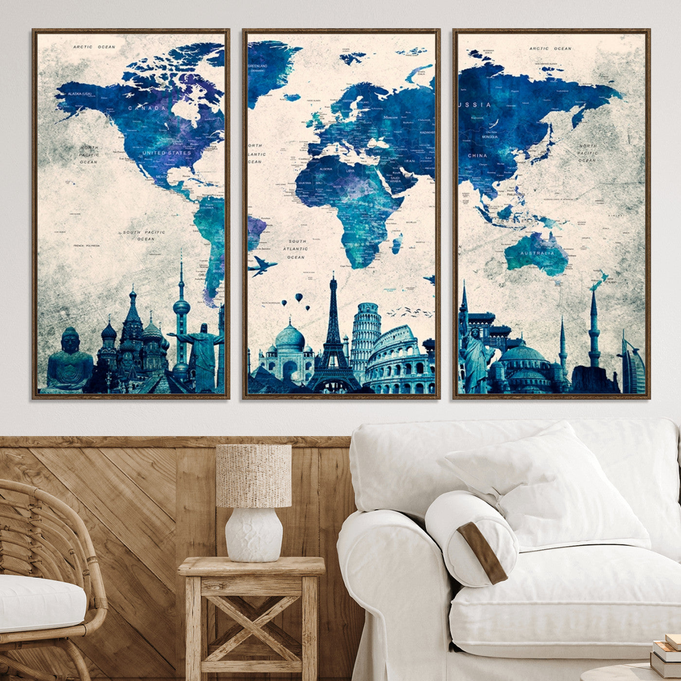Navy Blue World Map Canvas Print, Wonder of World Map Push Pin Canvas Print