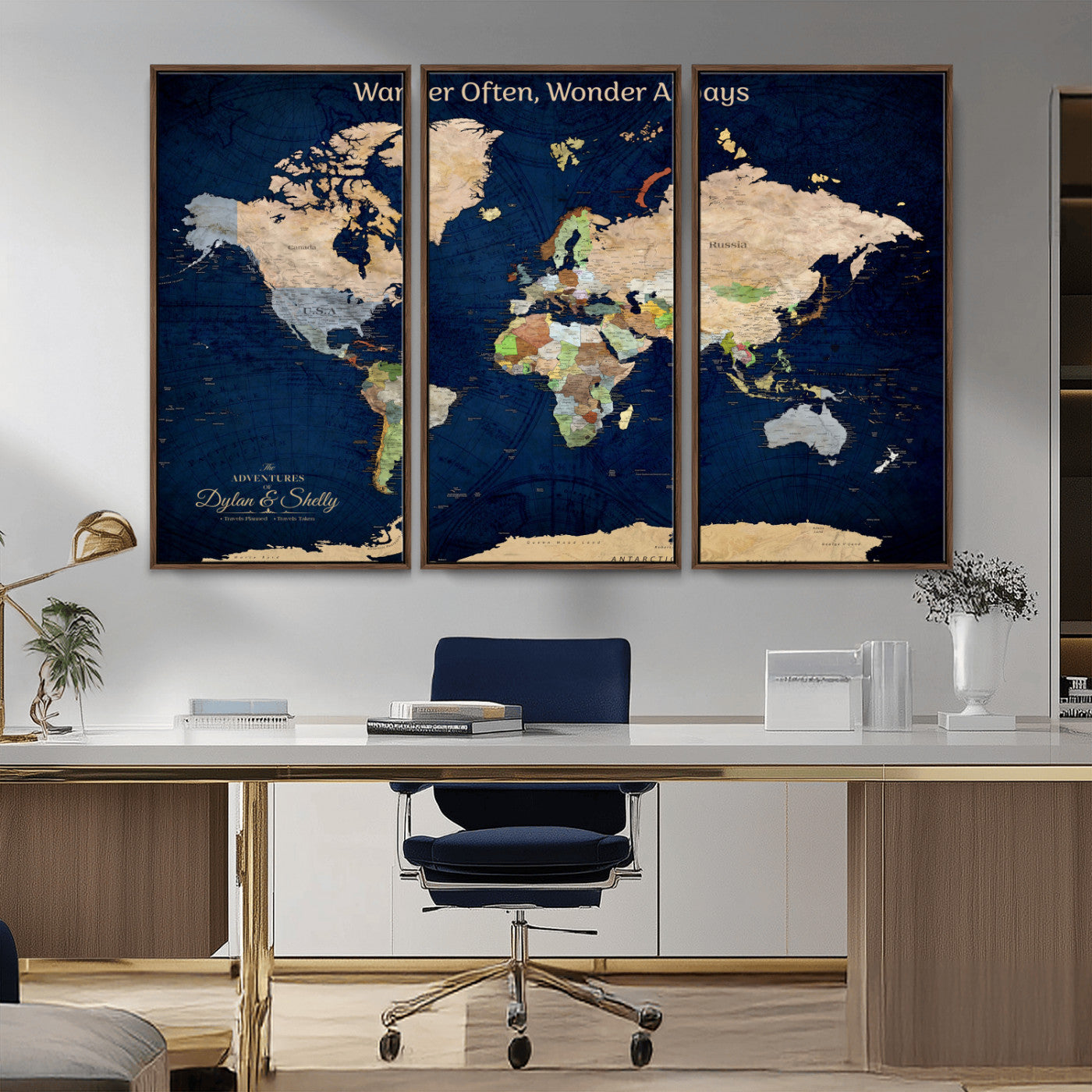 12399561-MGV-CV-30X20-Personalized World Map Print, Customizable Push Pin Framed World Map Print on Canvas - Custom Quote on Map Print