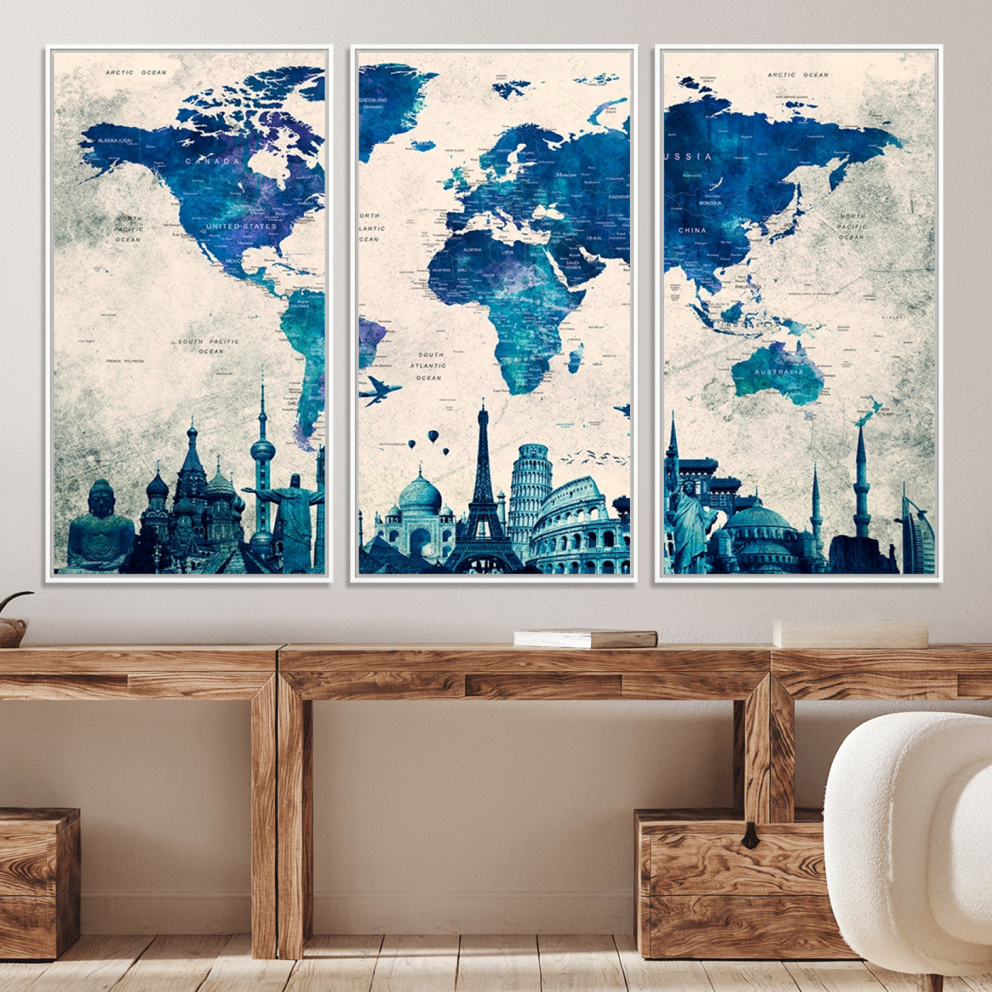 Navy Blue World Map Canvas Print, Wonder of World Map Push Pin Canvas Print