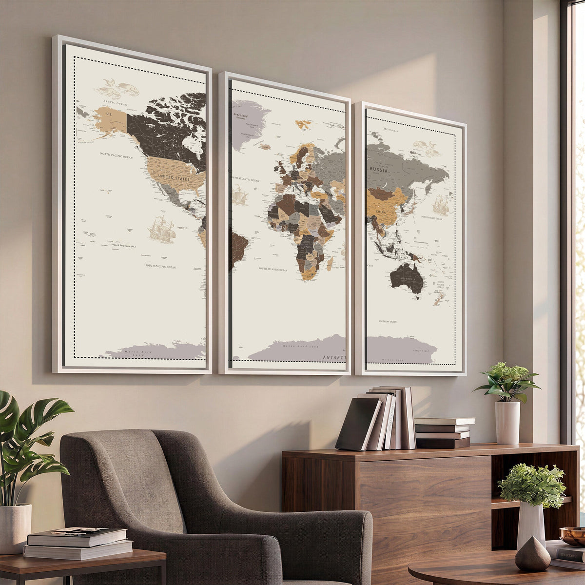 58777746-MGV-CV-36X24 - Custom Beige Modern Push Pin World Map Canvas Print, Places Visited Tracker, Bedroom and Study Decor