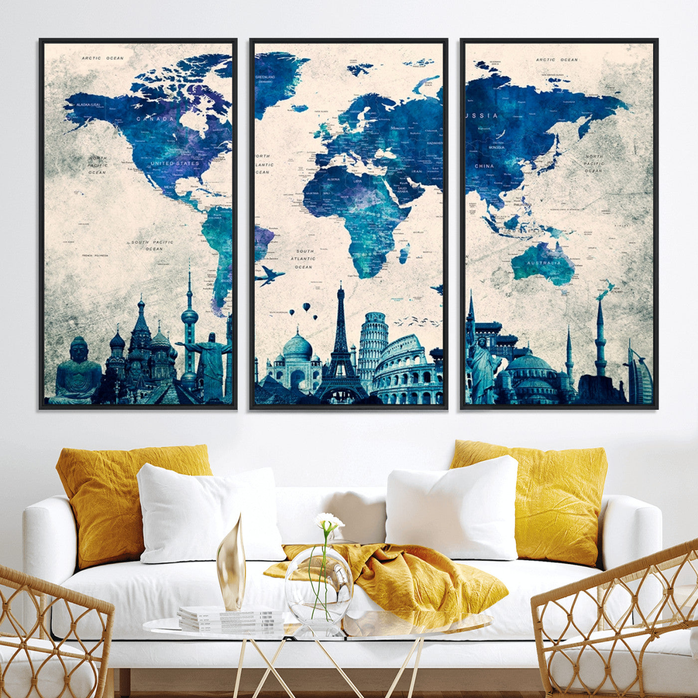 Navy Blue World Map Canvas Print, Wonder of World Map Push Pin Canvas Print