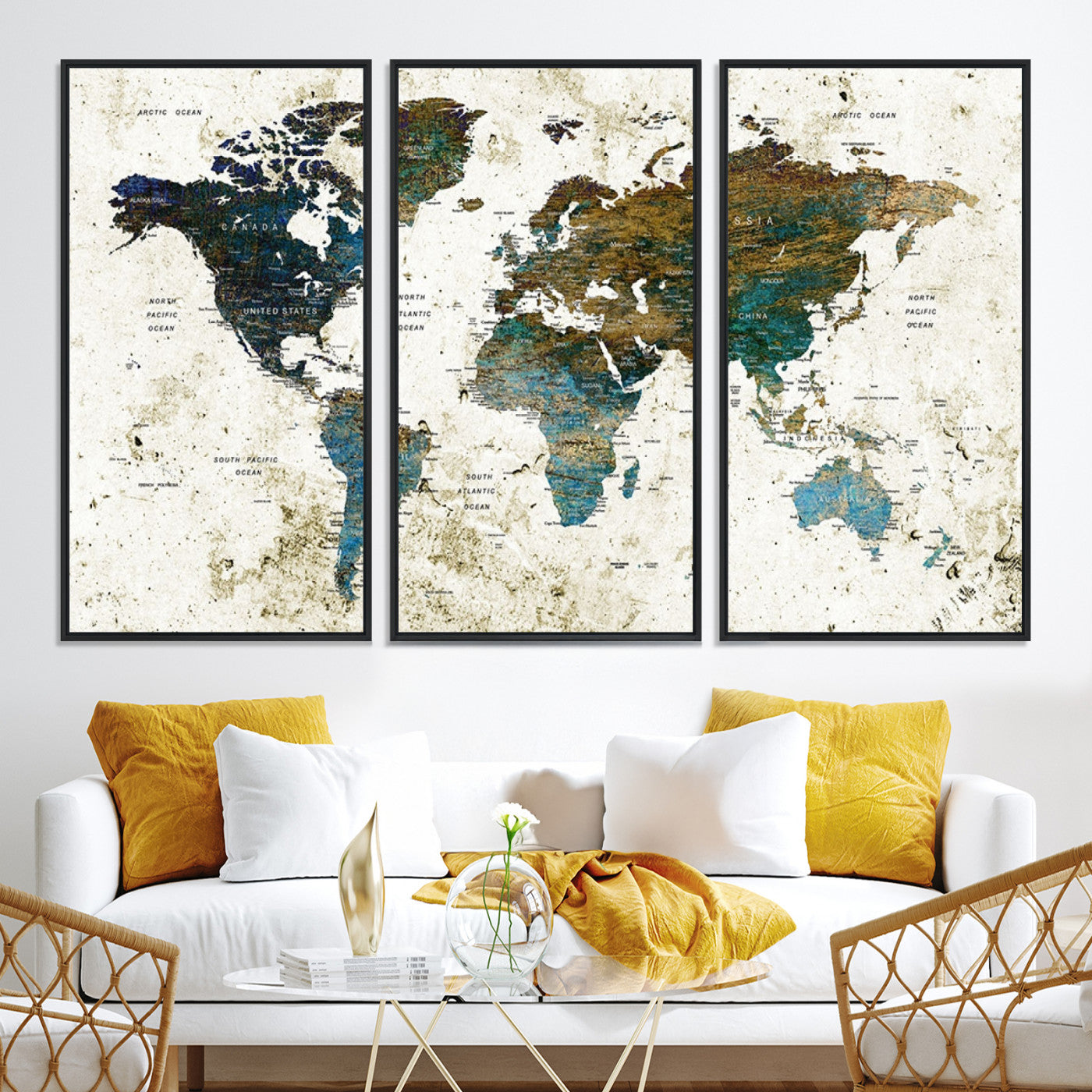 Vintage World Map Wall Art Canvas Print, Framed Rustic Earth Map Art Picture Print, Antique Map Perfect Rustic Vintage Decor Artwork