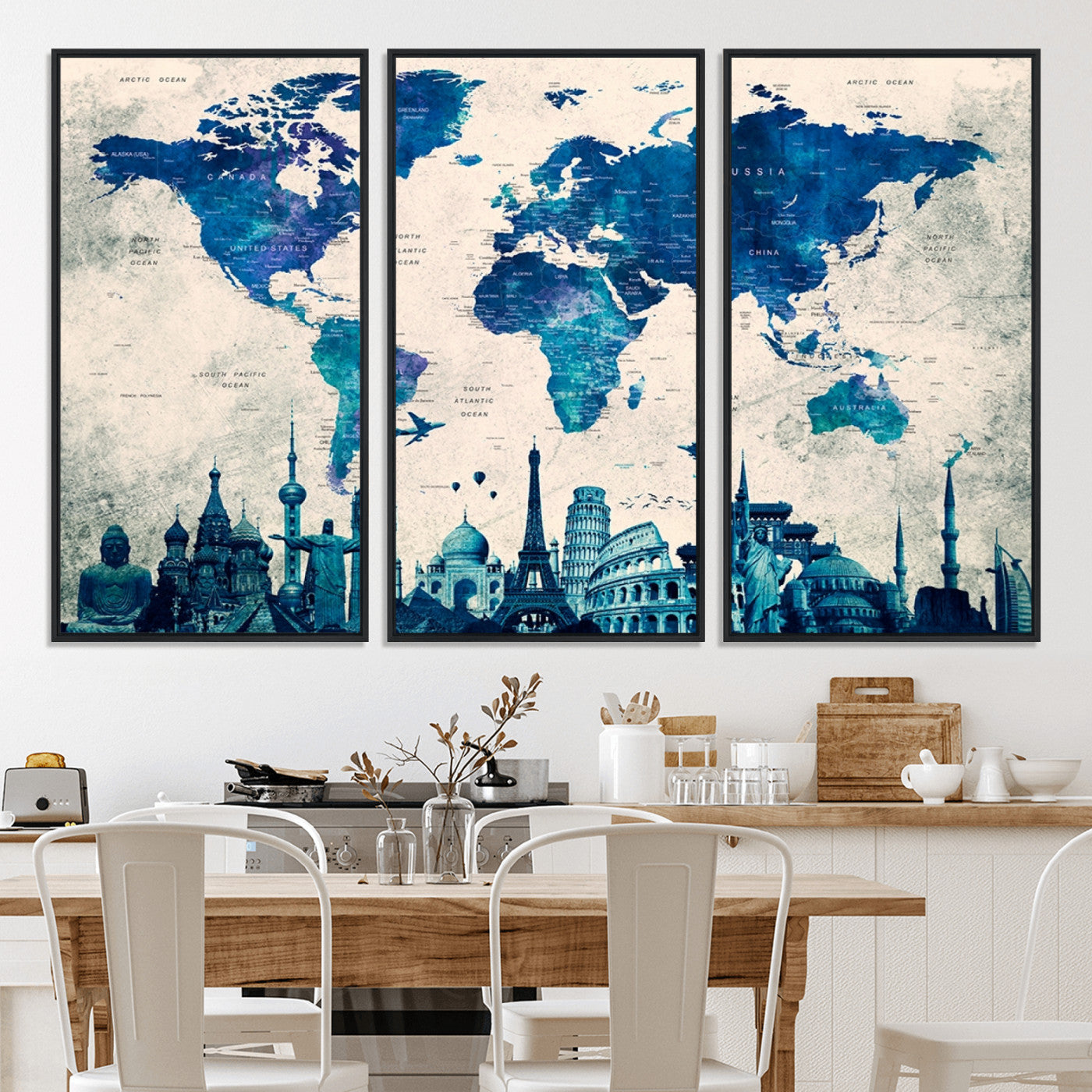 Navy Blue World Map Canvas Print, Wonder of World Map Push Pin Canvas Print