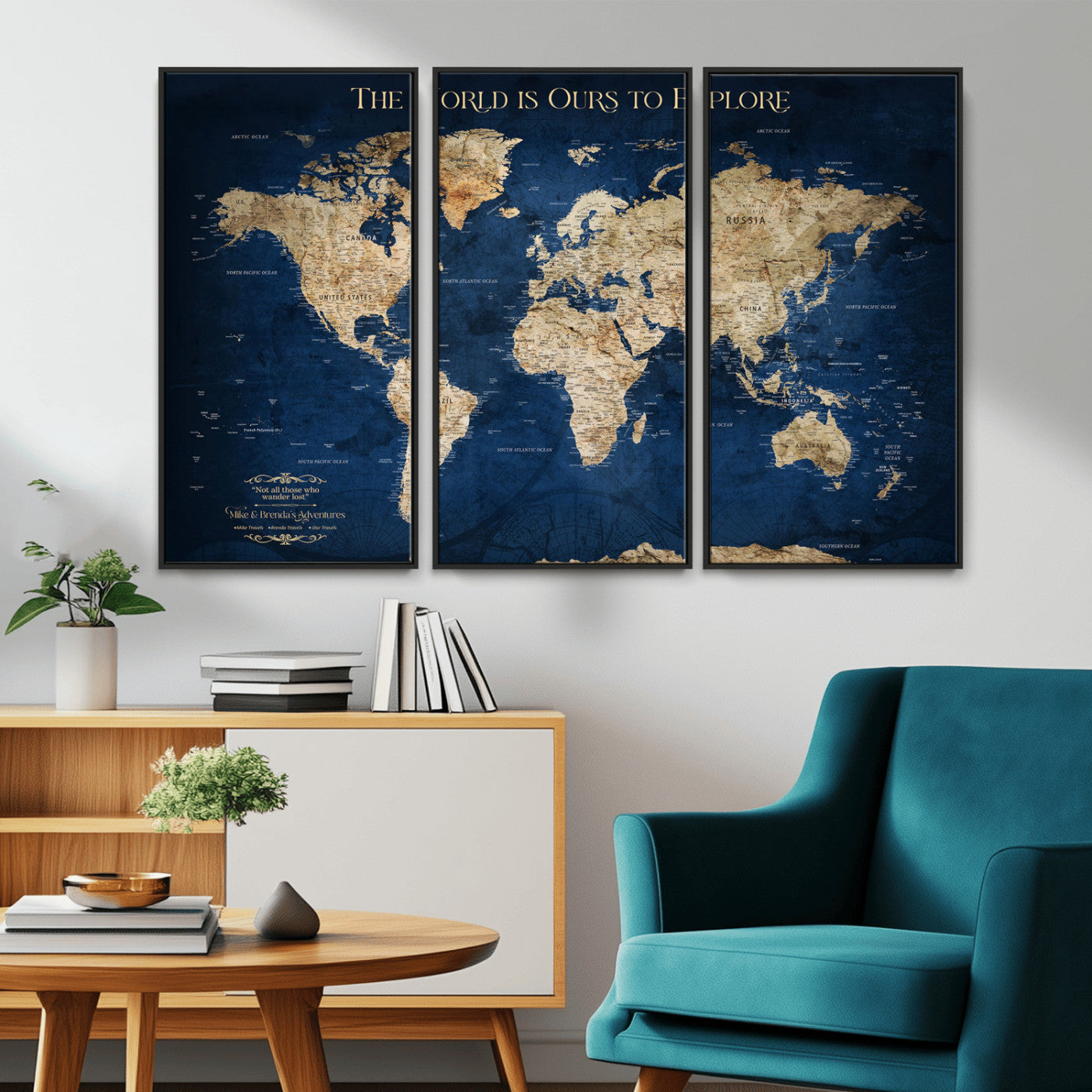 Custom World Map Wall Art – Personalized Framed Canvas Print with Push Pins for Travel Tracking, Anniversary or Couple Gift Ideas - H2-2