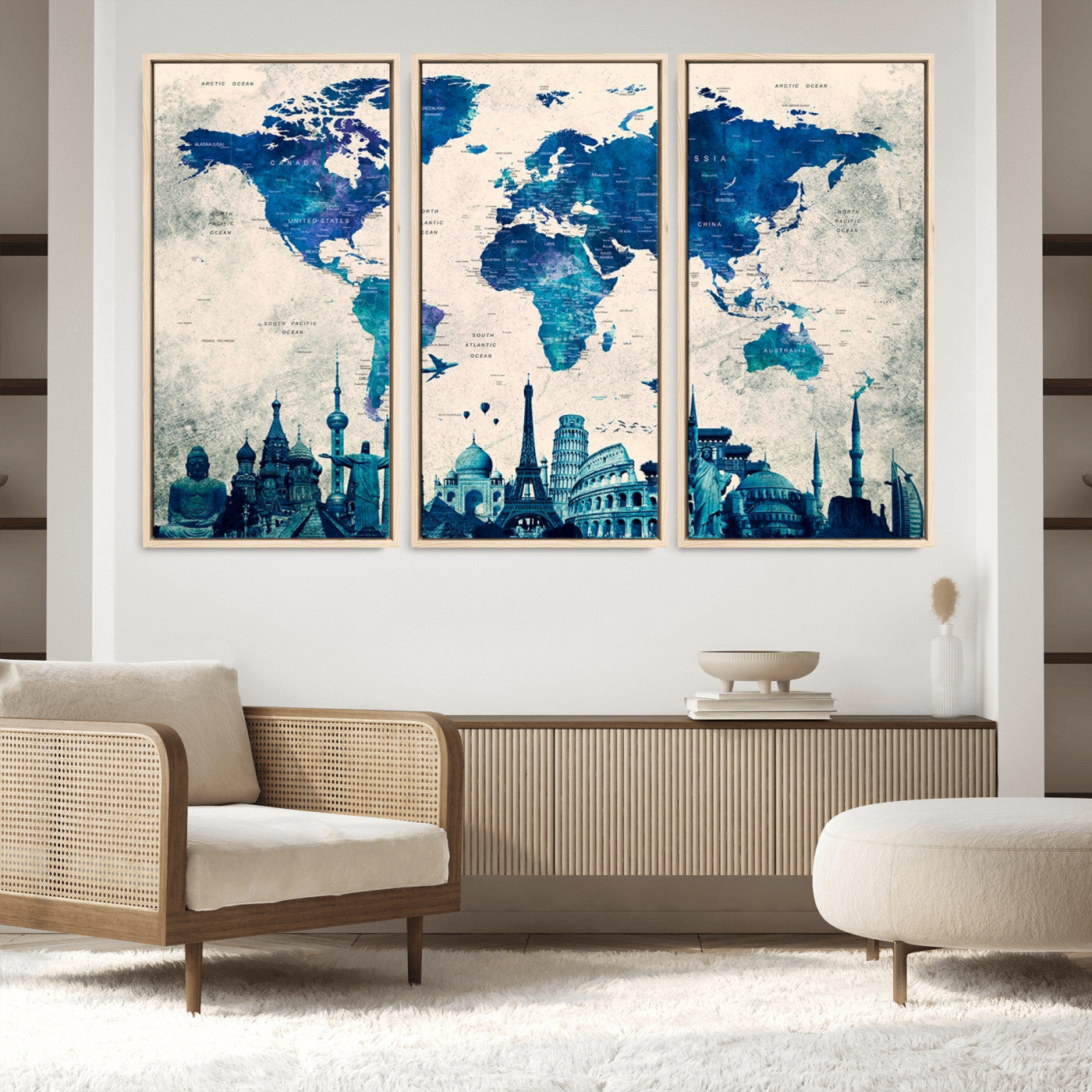 Navy Blue World Map Canvas Print, Wonder of World Map Push Pin Canvas Print