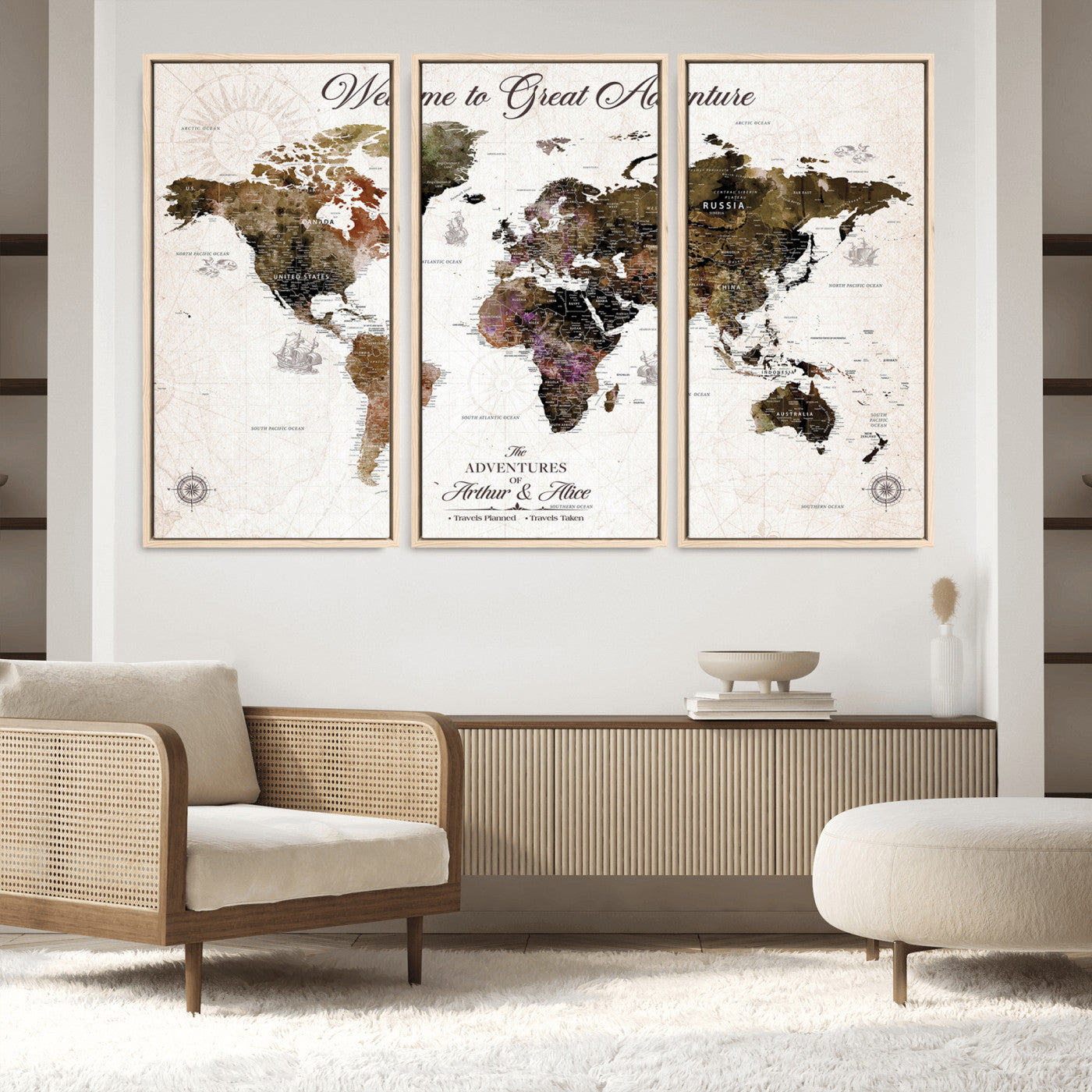 35778202-MGV-FC-48X32-3P_Natural-Custom Push Pin World Map Wall Canvas Print – Personalized Travel Map with Pins – Framed Large Canvas for Home Office Decor