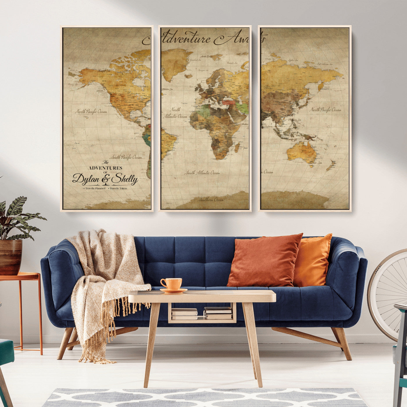 50298017-MGV-FC-48X32-3P_Natural-Personalized World Map Print, Customizable Push Pin Framed World Map Print on Canvas - Custom Quote on Map Print