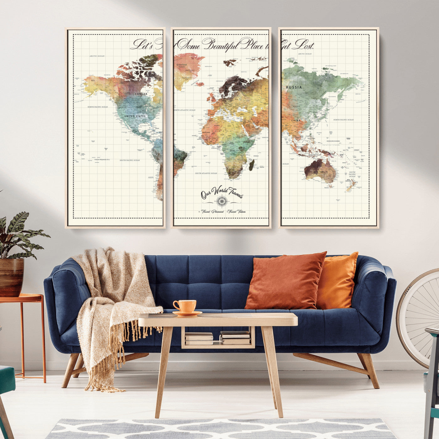 29289638-MGV-FC-60X40-3P_Natural-Personalized World Map Print - Customizable Push Pin Framed World Map Print on Canvas - Custom Quote on Map Print