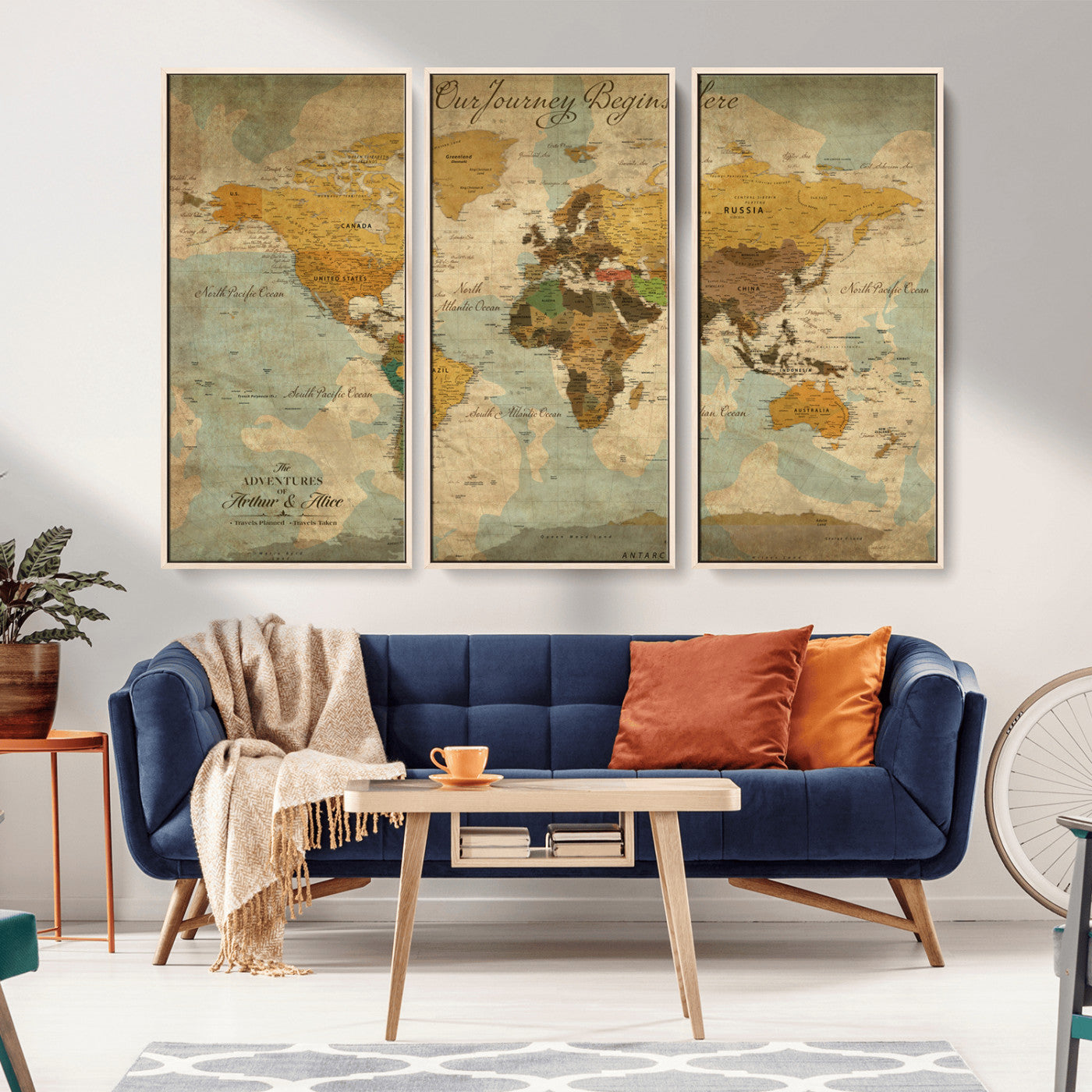 40572820-MGV-FC-48X32-3P_Natural-Custom Push Pin World Map Wall Canvas Print – Personalized Travel Tracker with Pins – Framed Custom Quotie Canvas for Home Office Decor
