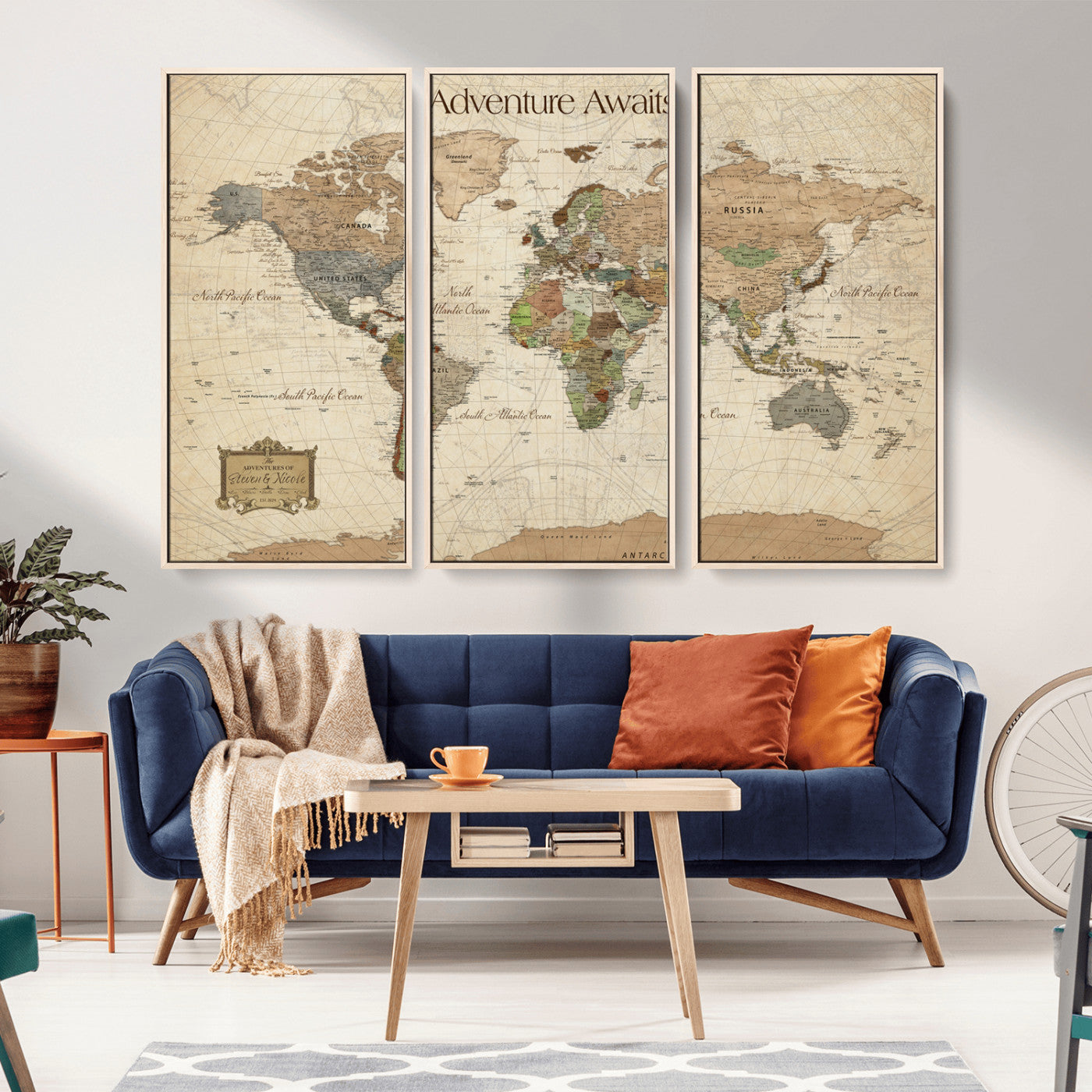 33020399-MGV-FC-48X32-3P_Natural-Custom Push Pin World Map Wall Canvas Print – Personalized Travel Tracker with Pins – Framed Custom Quotie Canvas for Home Office Decor