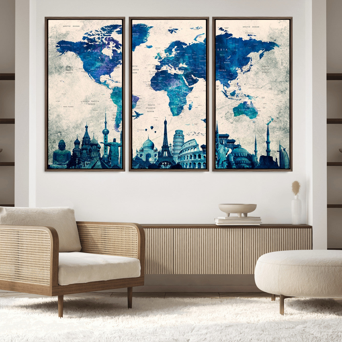 Navy Blue World Map Canvas Print, Wonder of World Map Push Pin Canvas Print
