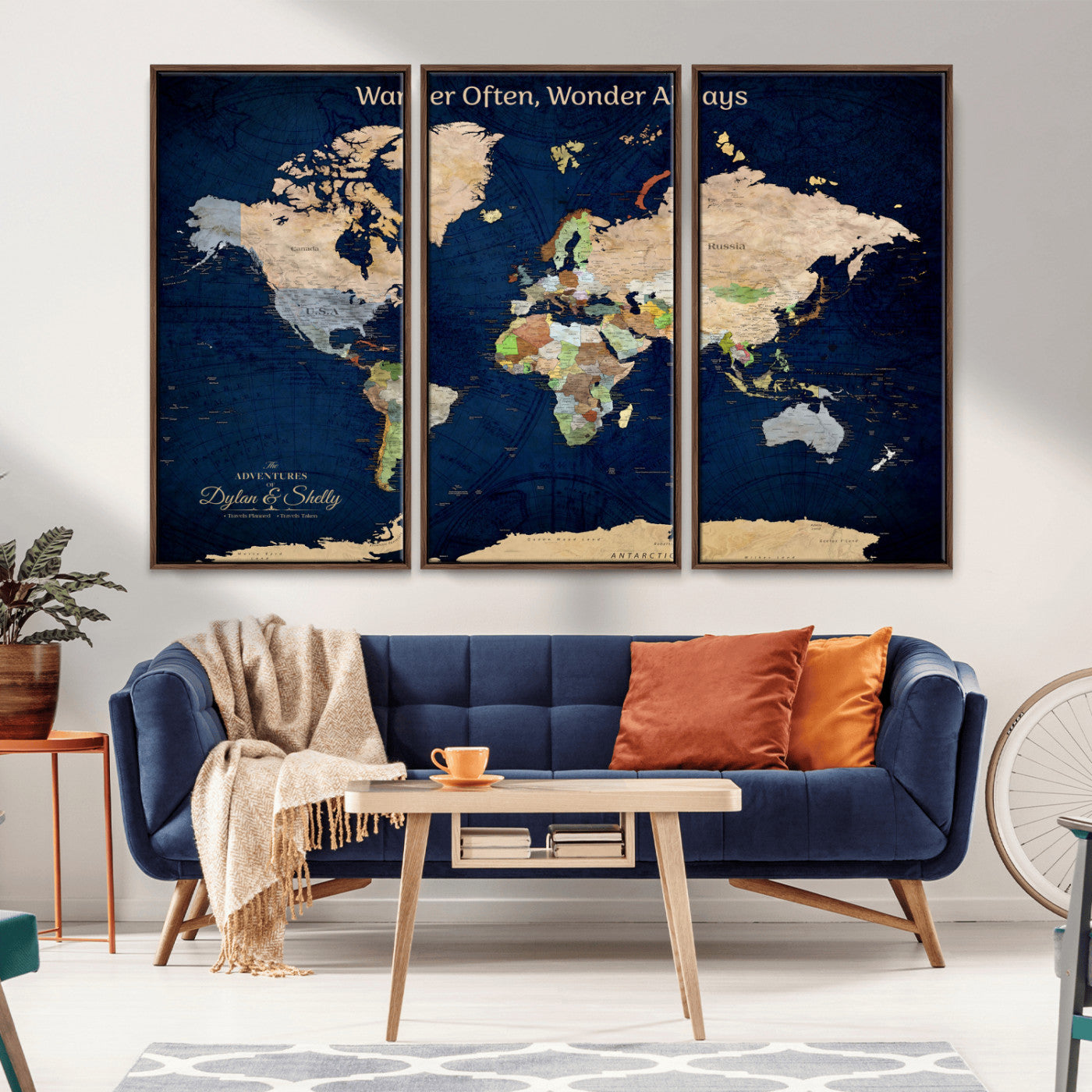 12399561-MGV-FC-60X40-3P_Walnut-Personalized World Map Print, Customizable Push Pin Framed World Map Print on Canvas - Custom Quote on Map Print