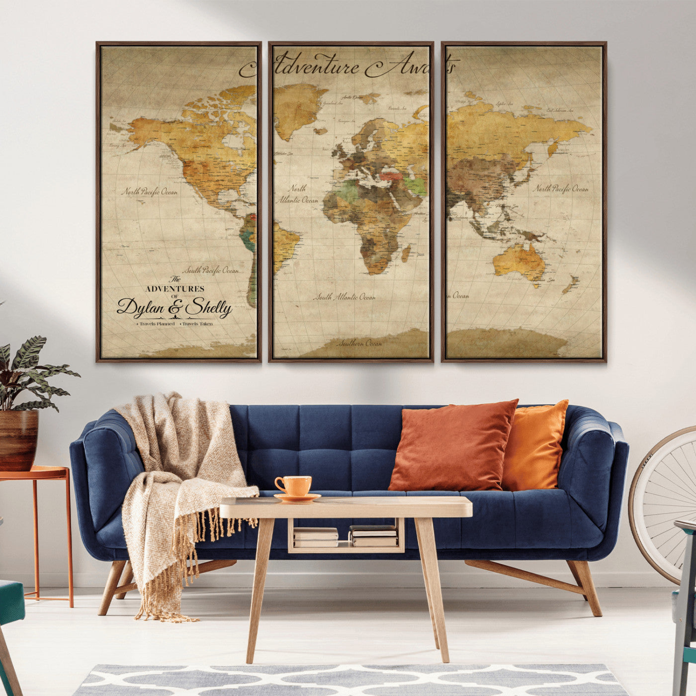 50298017-MGV-FC-48X32-3P_Walnut-Personalized World Map Print, Customizable Push Pin Framed World Map Print on Canvas - Custom Quote on Map Print