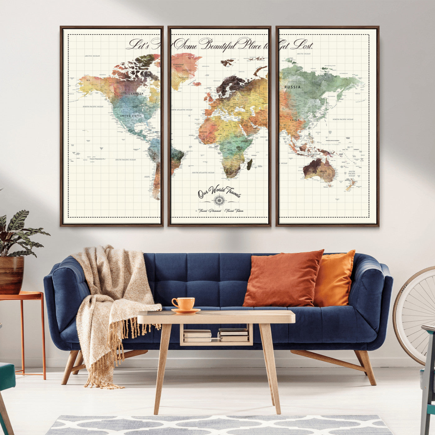 29289638-MGV-FC-60X40-3P_Walnut-Personalized World Map Print - Customizable Push Pin Framed World Map Print on Canvas - Custom Quote on Map Print
