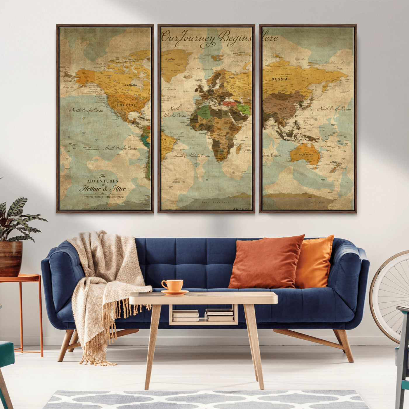 40572820-MGV-FC-48X32-3P_Walnut-Custom Push Pin World Map Wall Canvas Print – Personalized Travel Tracker with Pins – Framed Custom Quotie Canvas for Home Office Decor