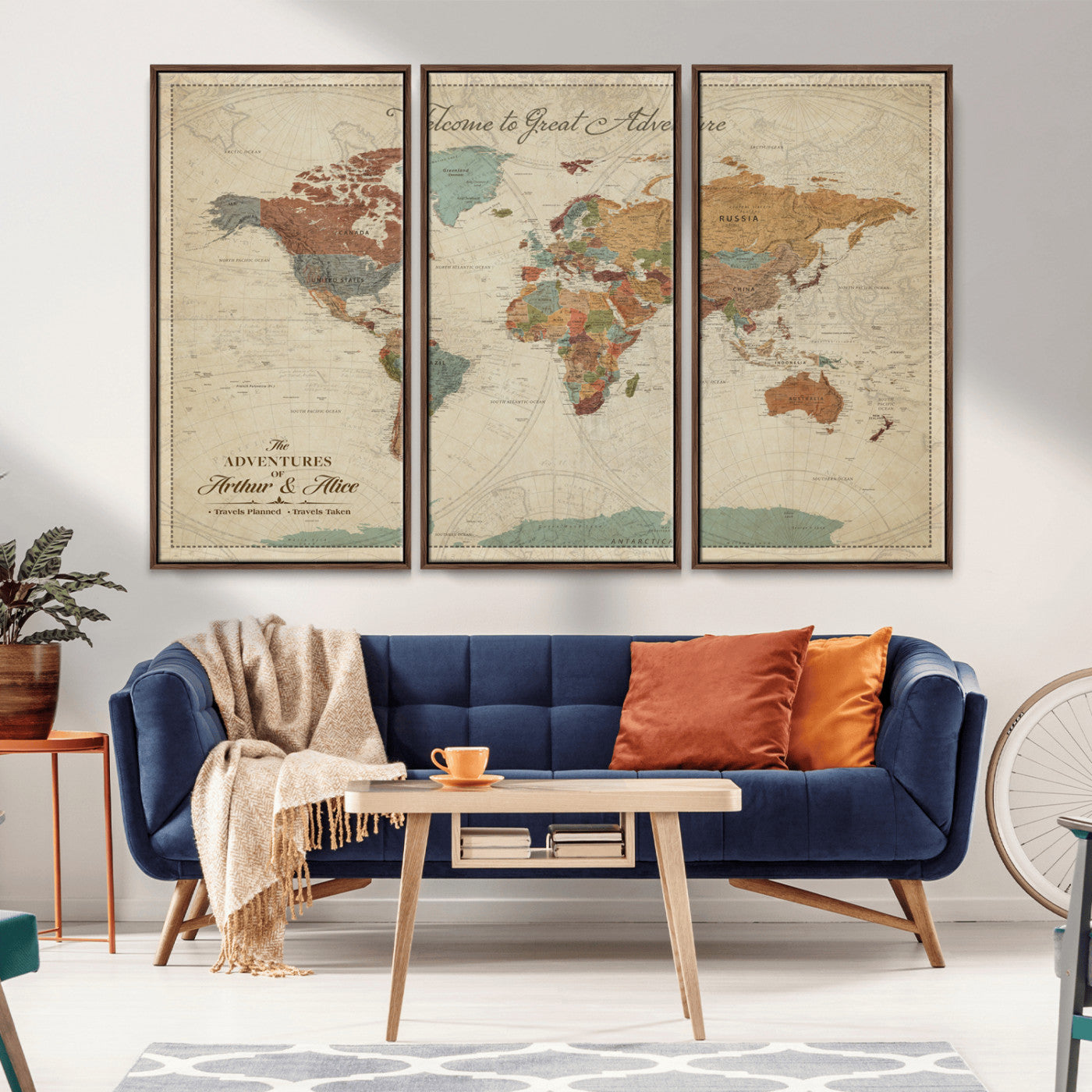 17587858-MGV-FC-48X32-3P_Walnut-Custom Push Pin World Map Wall Canvas Print – Personalized Travel Tracker with Pins – Framed Custom Quotie Canvas for Home Office Decor