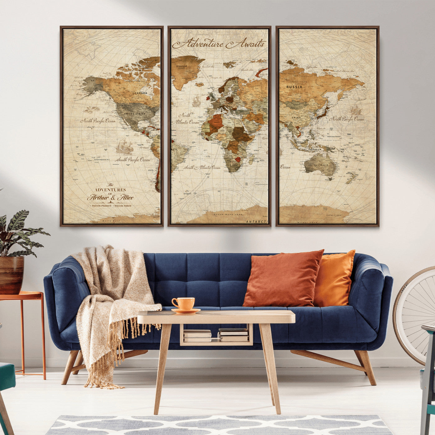 64295326-MGV-FC-60X40-3P_Walnut-Custom Push Pin World Map Wall Canvas Print – Personalized Travel Tracker with Pins – Framed Custom Quotie Canvas for Home Office Decor