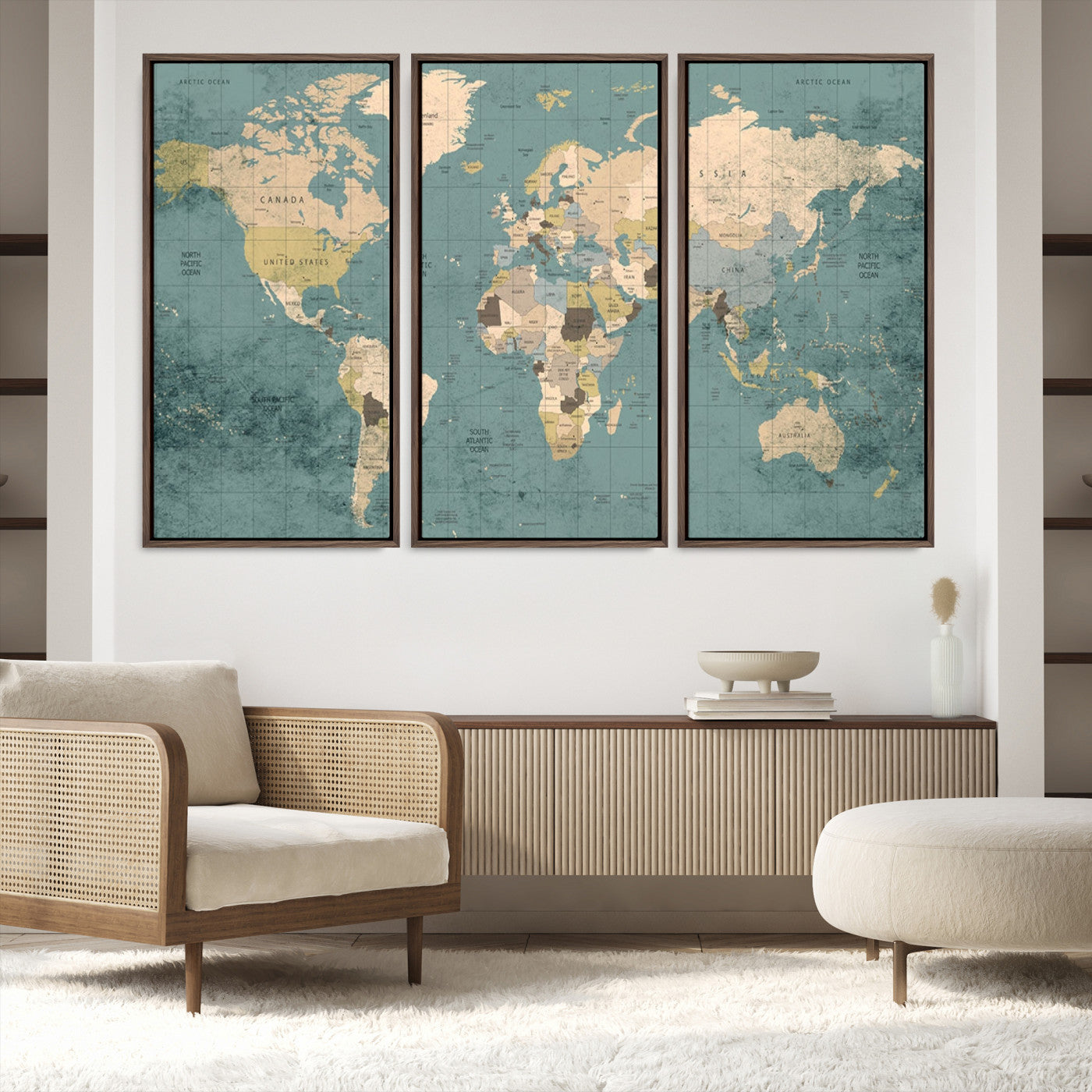Classic World Map Wall Art Canvas Print, Framed Retro Map Art Picture Print, Vintage Atlas Perfect Rustic Explorer Decor Artwork