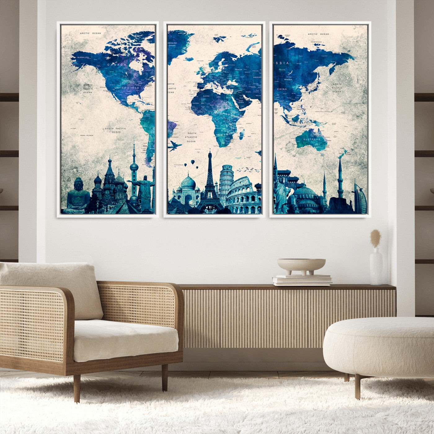 Navy Blue World Map Canvas Print, Wonder of World Map Push Pin Canvas Print