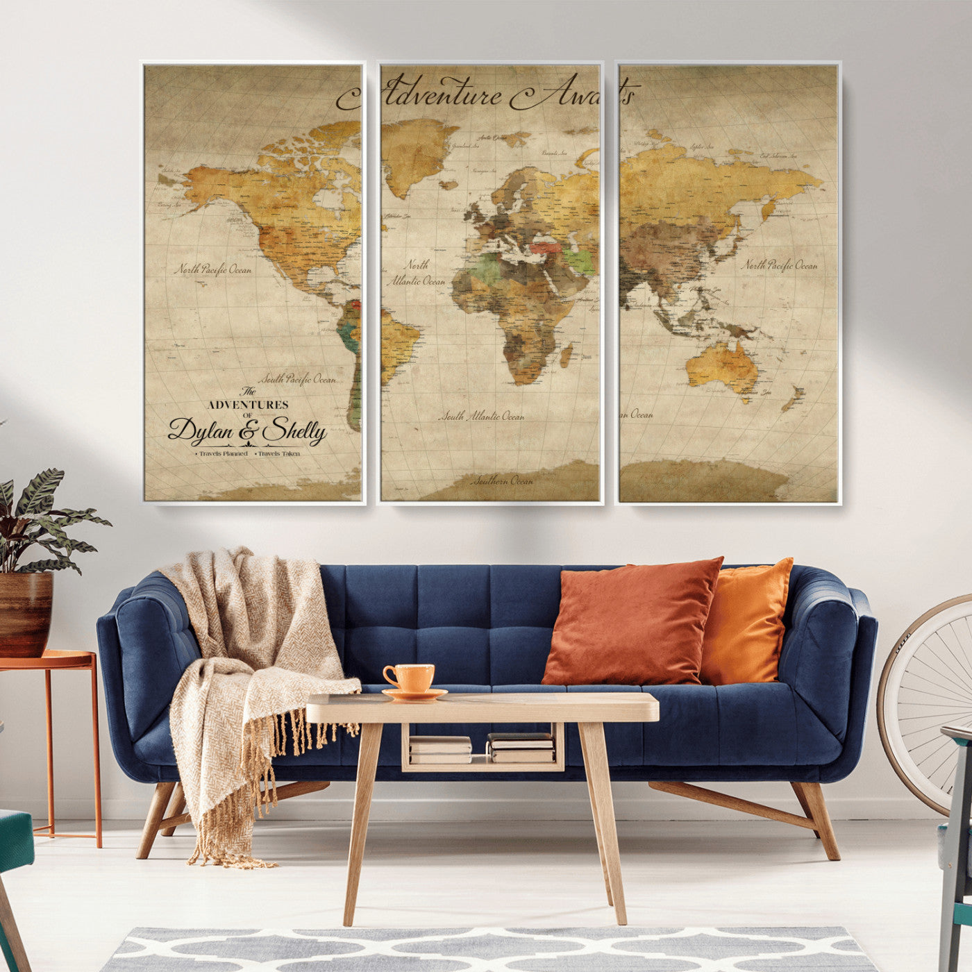 50298017-MGV-FC-48X32-3P_White-Personalized World Map Print, Customizable Push Pin Framed World Map Print on Canvas - Custom Quote on Map Print