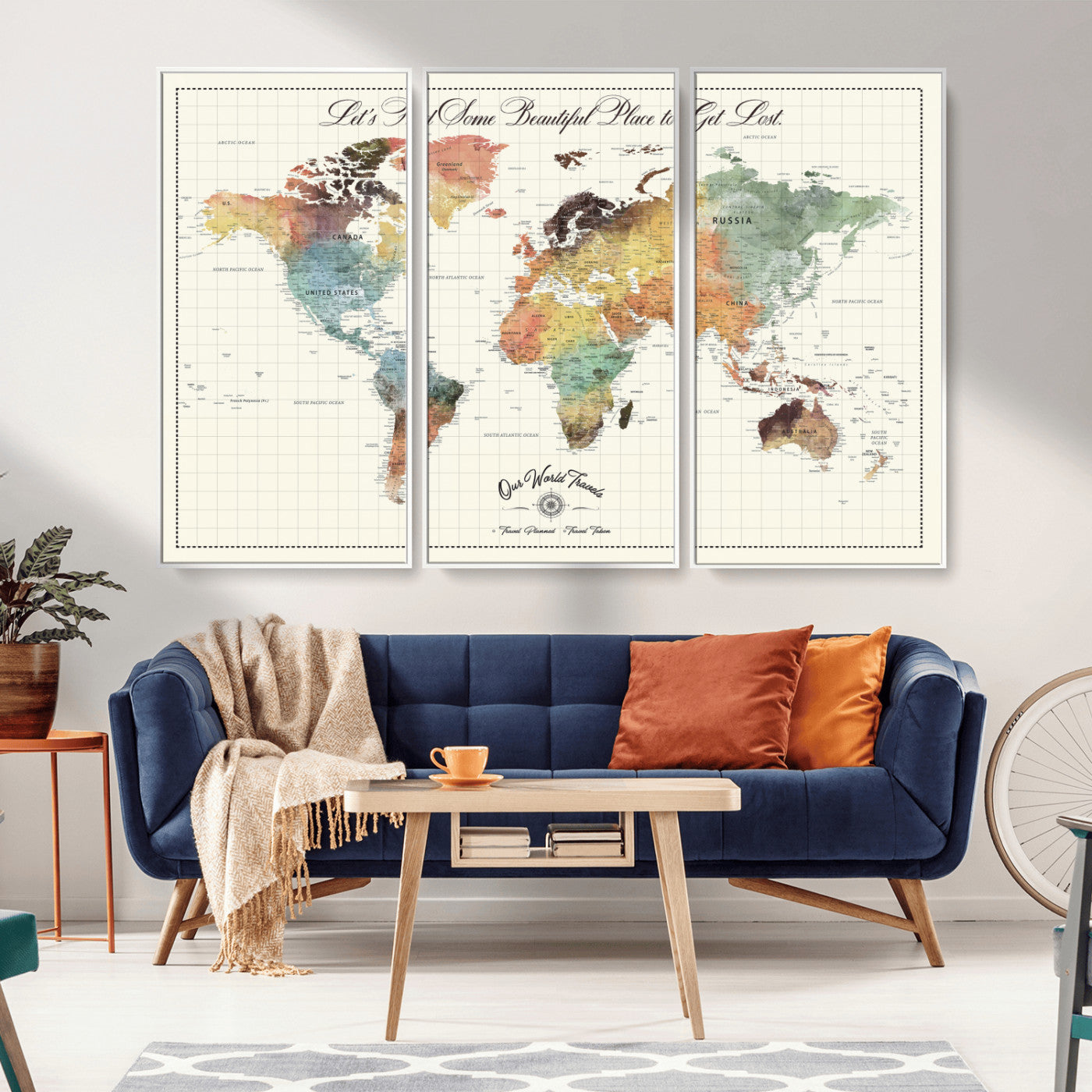 29289638-MGV-FC-60X40-3P_White-Personalized World Map Print - Customizable Push Pin Framed World Map Print on Canvas - Custom Quote on Map Print