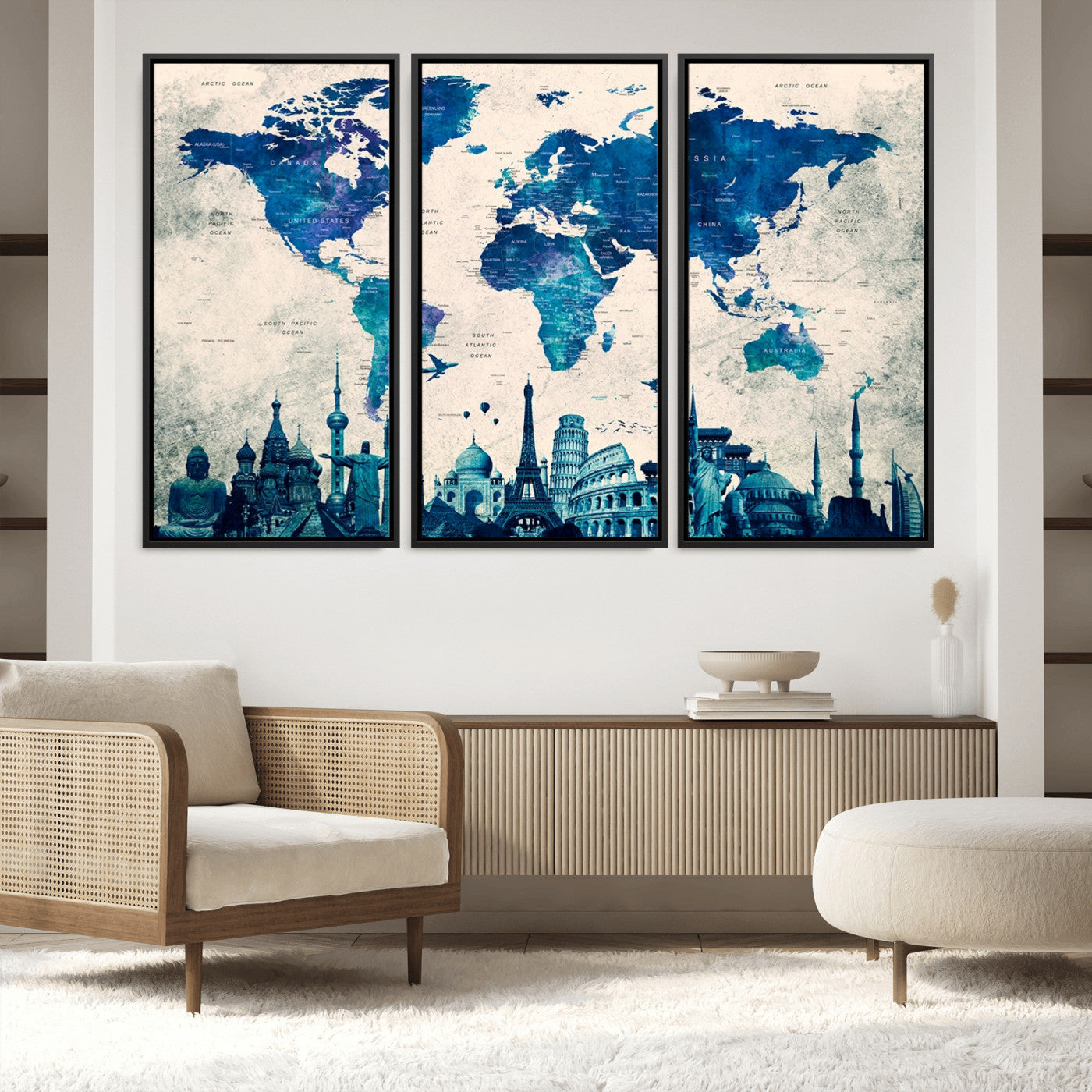 Navy Blue World Map Canvas Print, Wonder of World Map Push Pin Canvas Print