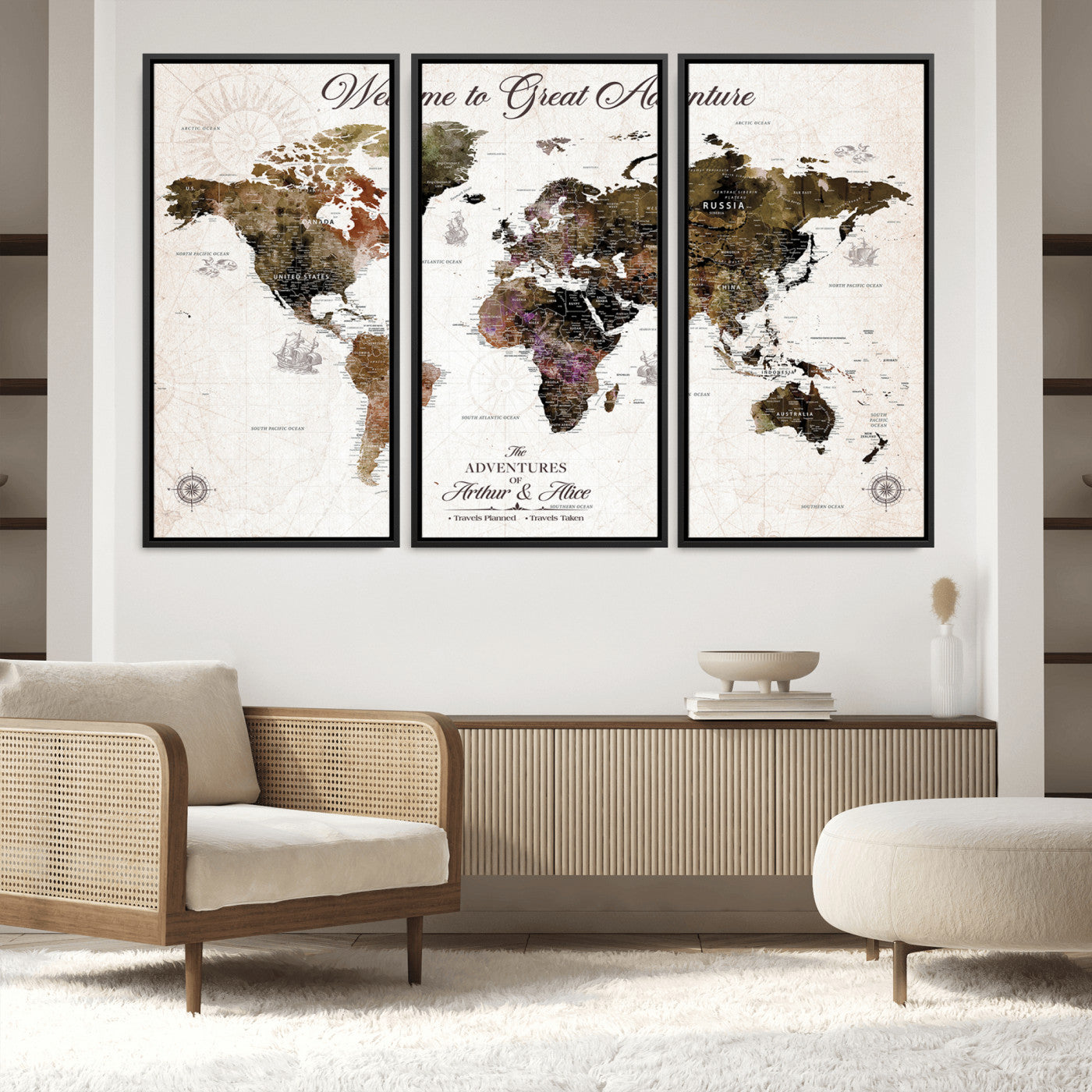 35778202-MGV-FC-48X32-3P_Black-Custom Push Pin World Map Wall Canvas Print – Personalized Travel Map with Pins – Framed Large Canvas for Home Office Decor