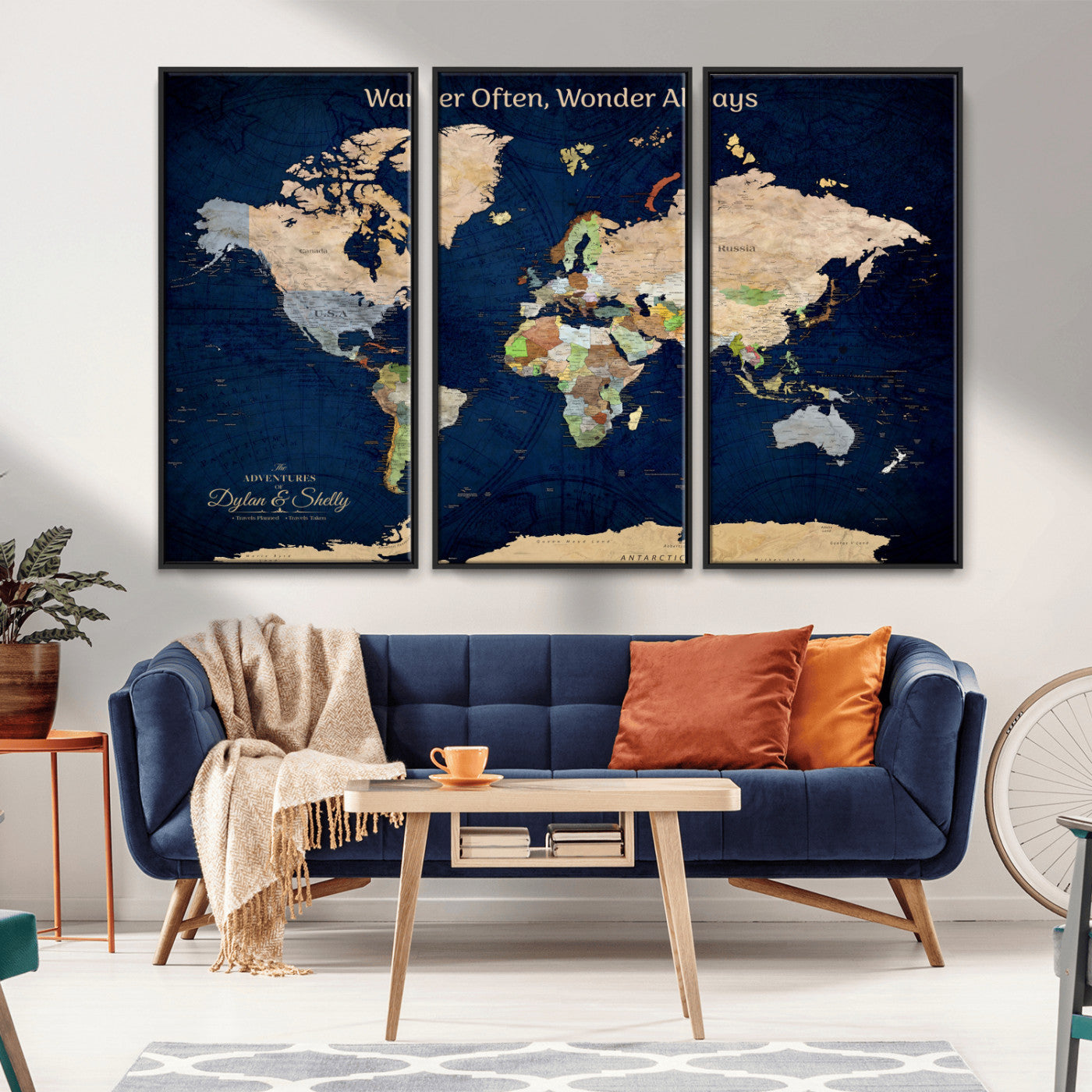 12399561-MGV-FC-60X40-3P_Black-Personalized World Map Print, Customizable Push Pin Framed World Map Print on Canvas - Custom Quote on Map Print
