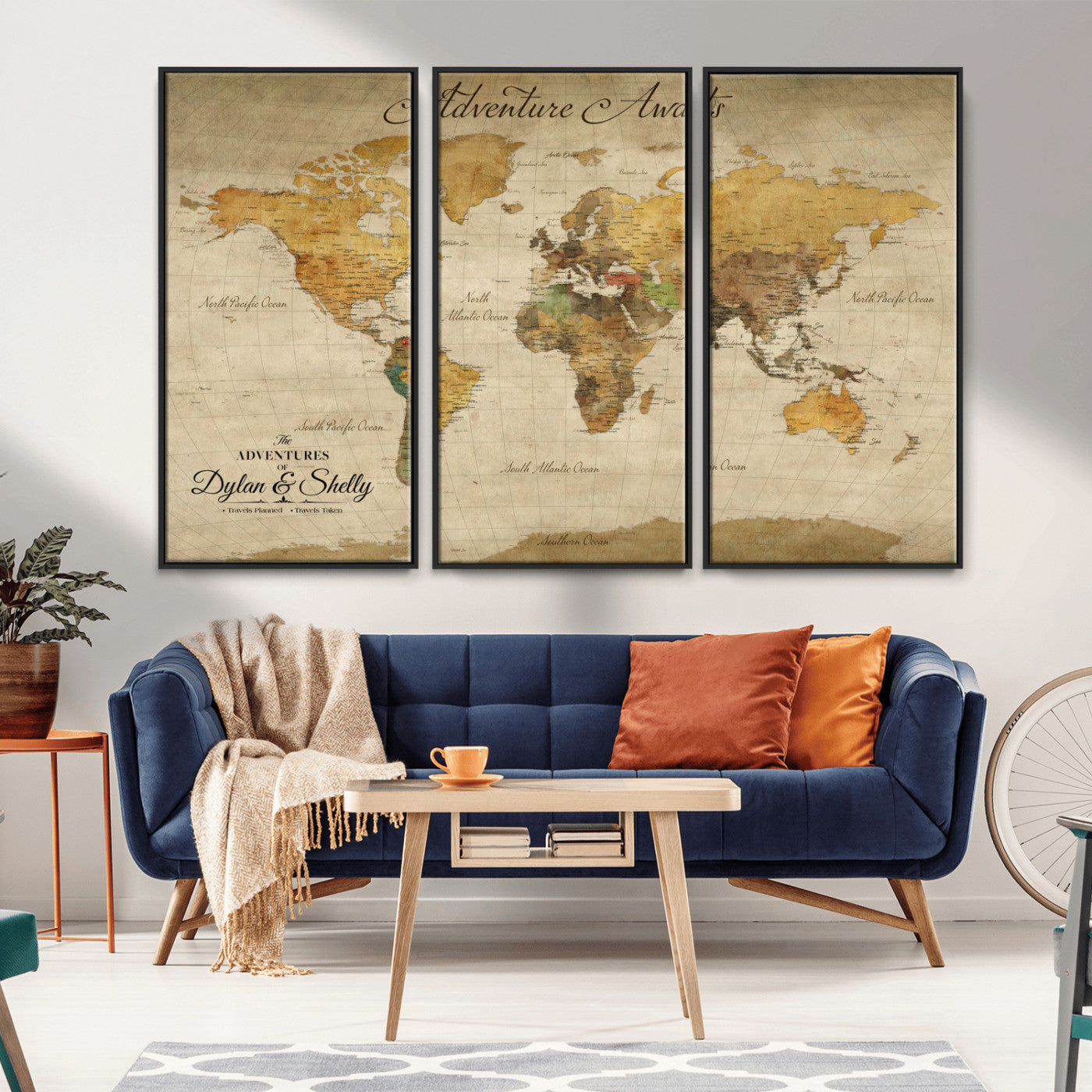 50298017-MGV-FC-48X32-3P_Black-Personalized World Map Print, Customizable Push Pin Framed World Map Print on Canvas - Custom Quote on Map Print