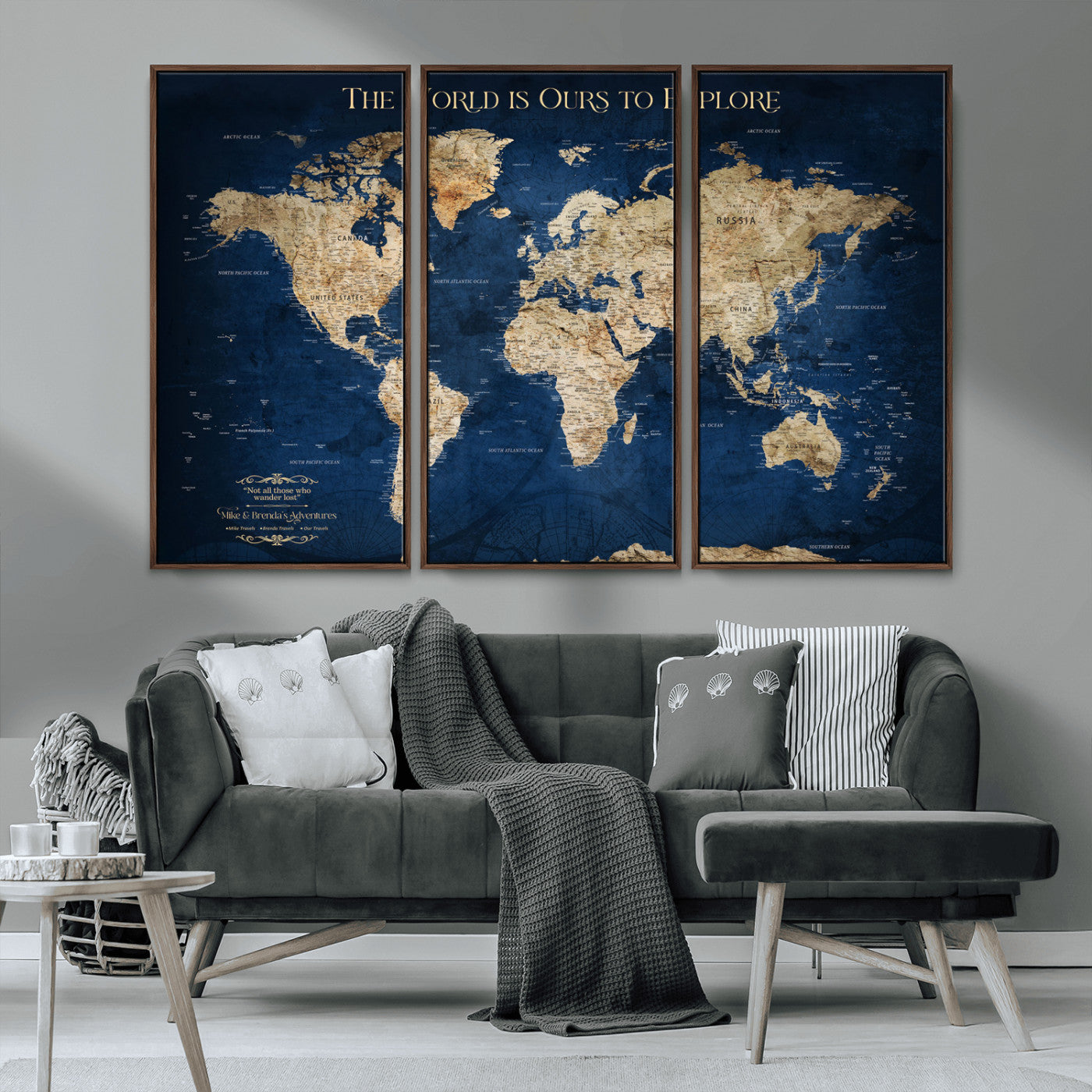 Custom World Map Wall Art – Personalized Framed Canvas Print with Push Pins for Travel Tracking, Anniversary or Couple Gift Ideas - H2-2
