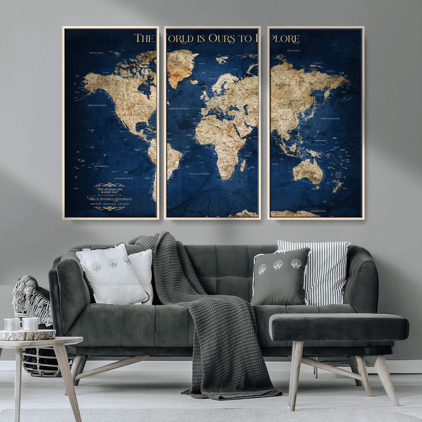Custom World Map Wall Art – Personalized Framed Canvas Print with Push Pins for Travel Tracking, Anniversary or Couple Gift Ideas - H2-2