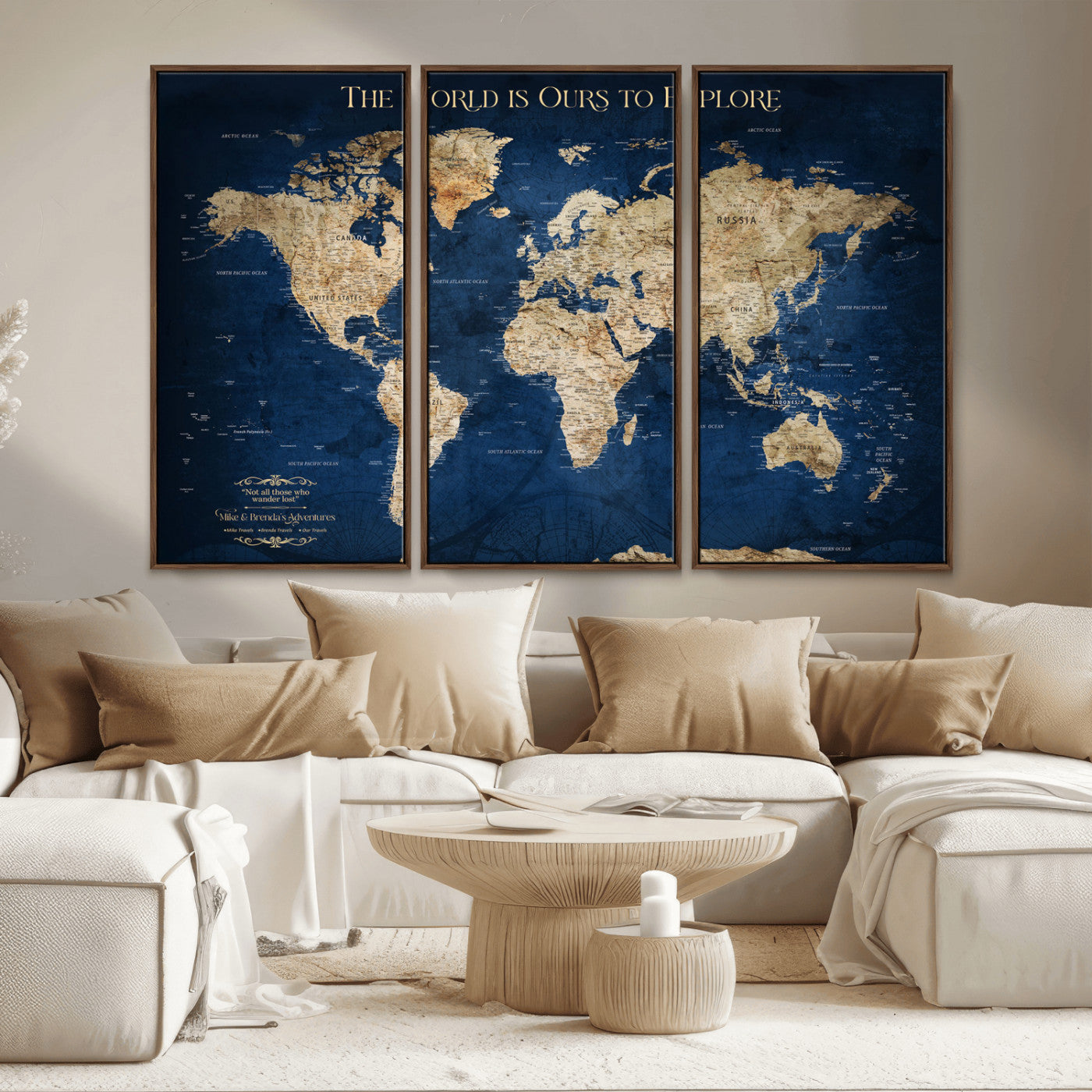 Custom World Map Wall Art – Personalized Framed Canvas Print with Push Pins for Travel Tracking, Anniversary or Couple Gift Ideas - H2-2