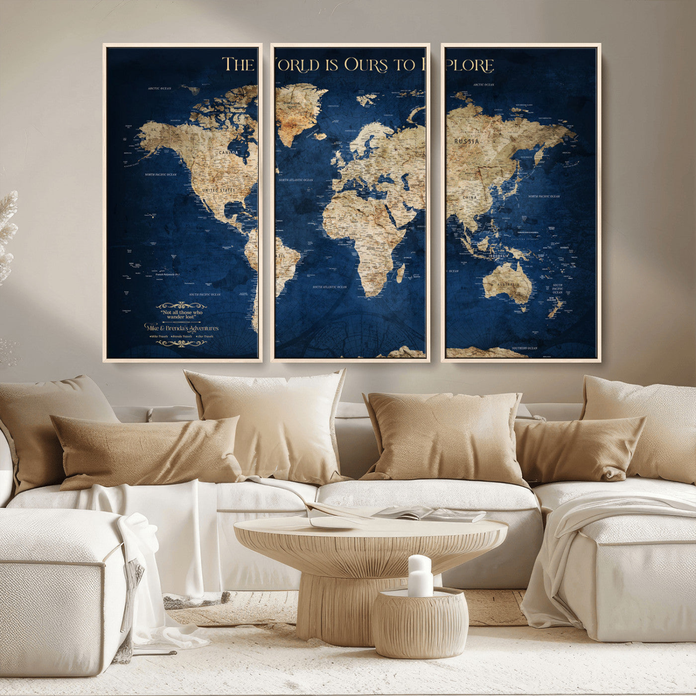 Custom World Map Wall Art – Personalized Framed Canvas Print with Push Pins for Travel Tracking, Anniversary or Couple Gift Ideas - H2-2