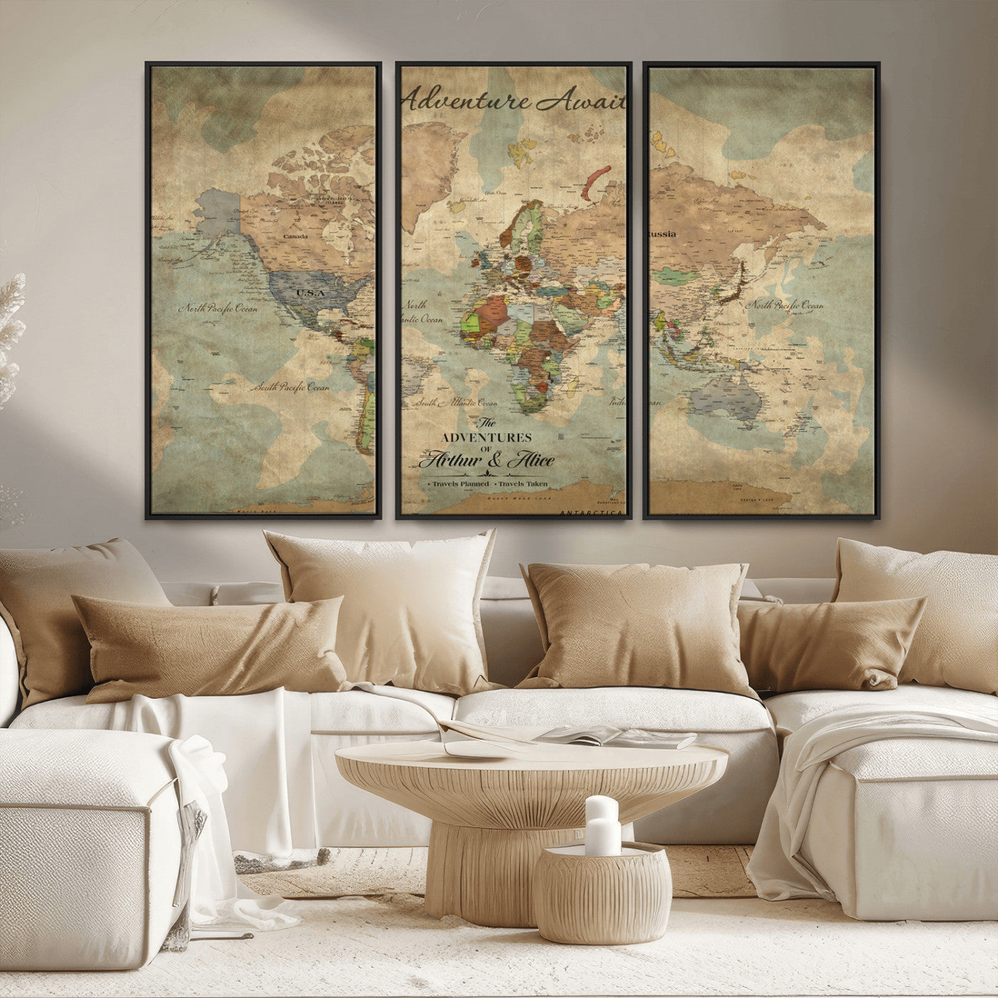 60798273-MGV-CV-30X20-Custom Push Pin World Map Wall Canvas Print – Personalized Travel Tracker with Pins – Framed Custom Quotie Canvas for Home Office Decor