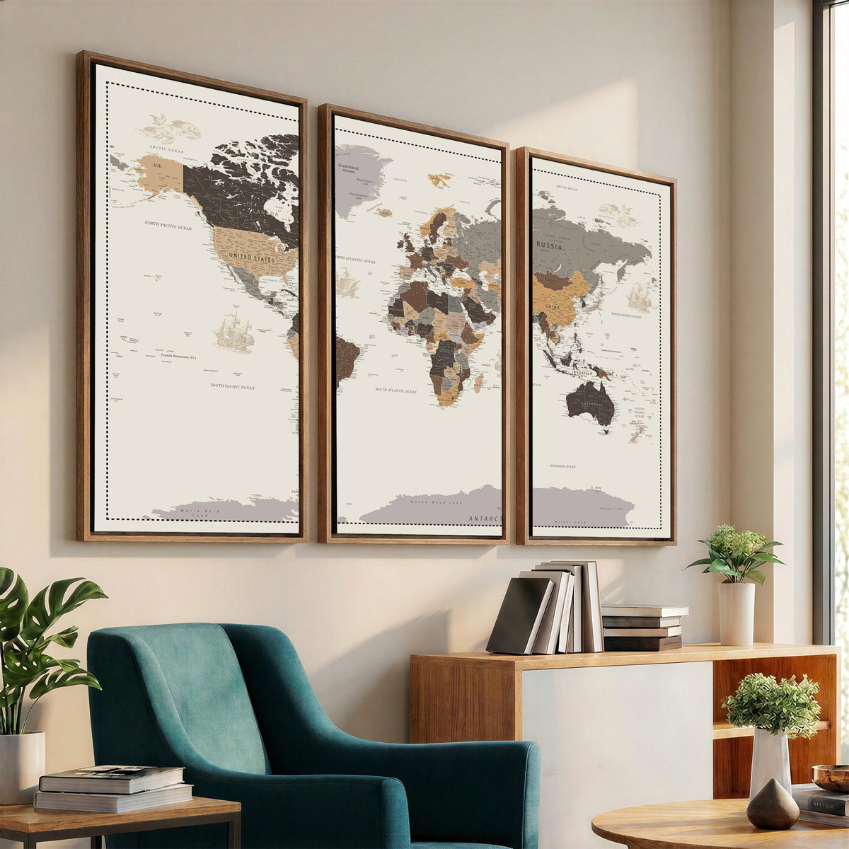58777746-MGV-CV-36X24 - Custom Beige Modern Push Pin World Map Canvas Print, Places Visited Tracker, Bedroom and Study Decor