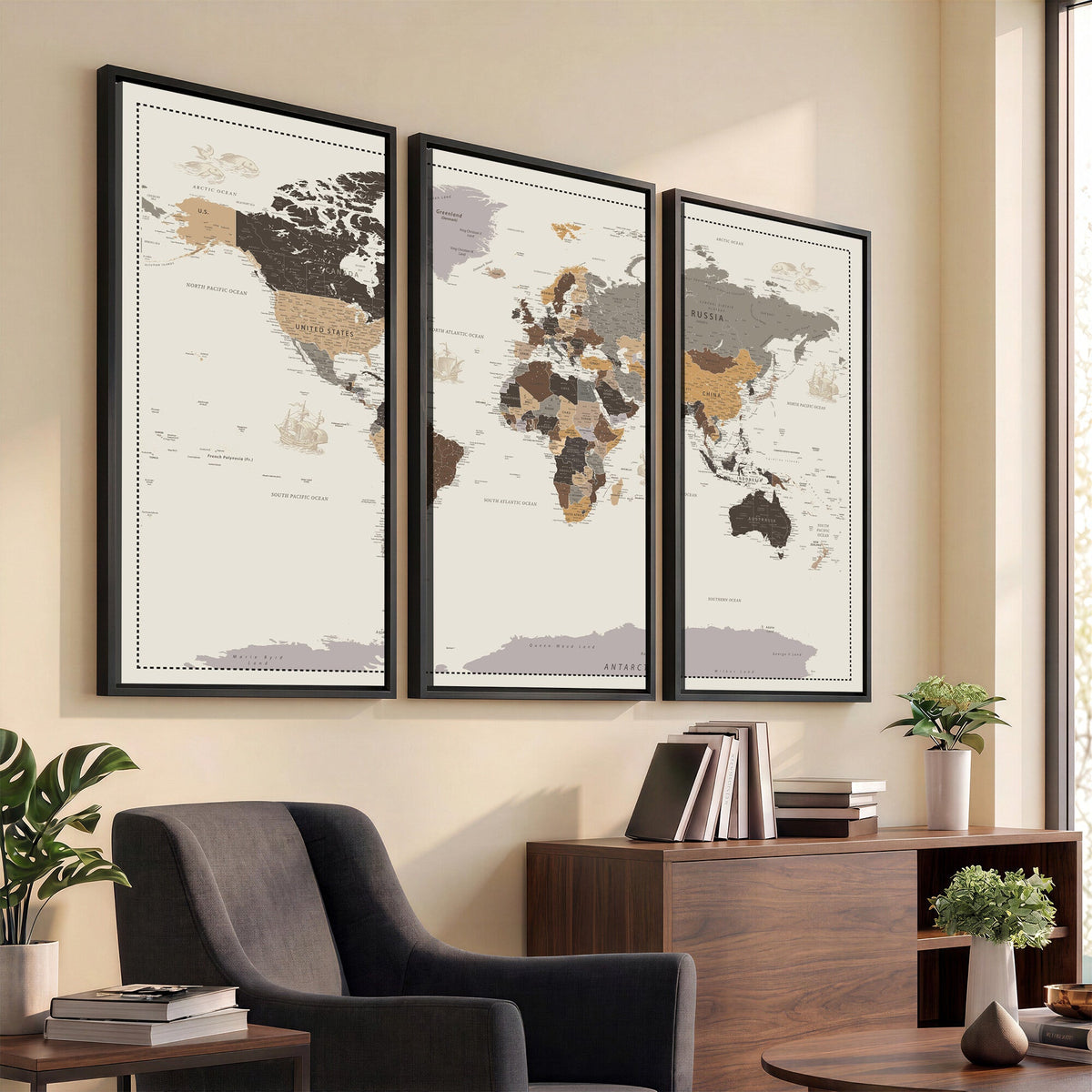 58777746-MGV-CV-36X24 - Custom Beige Modern Push Pin World Map Canvas Print, Places Visited Tracker, Bedroom and Study Decor