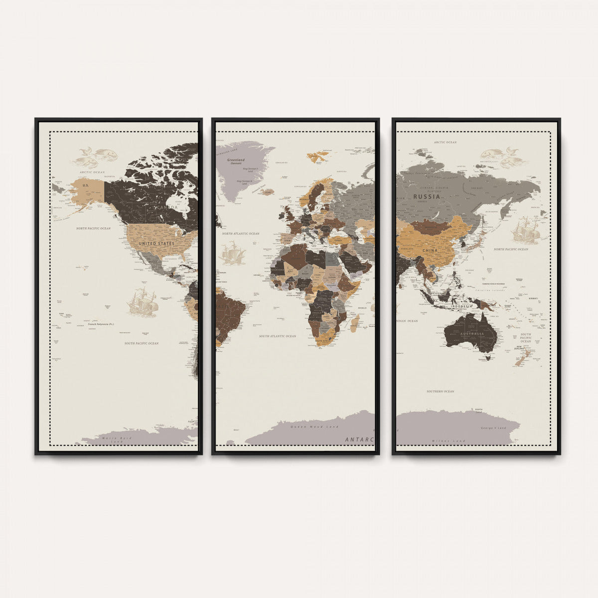 58777746-MGV-CV-36X24 - Custom Beige Modern Push Pin World Map Canvas Print, Places Visited Tracker, Bedroom and Study Decor