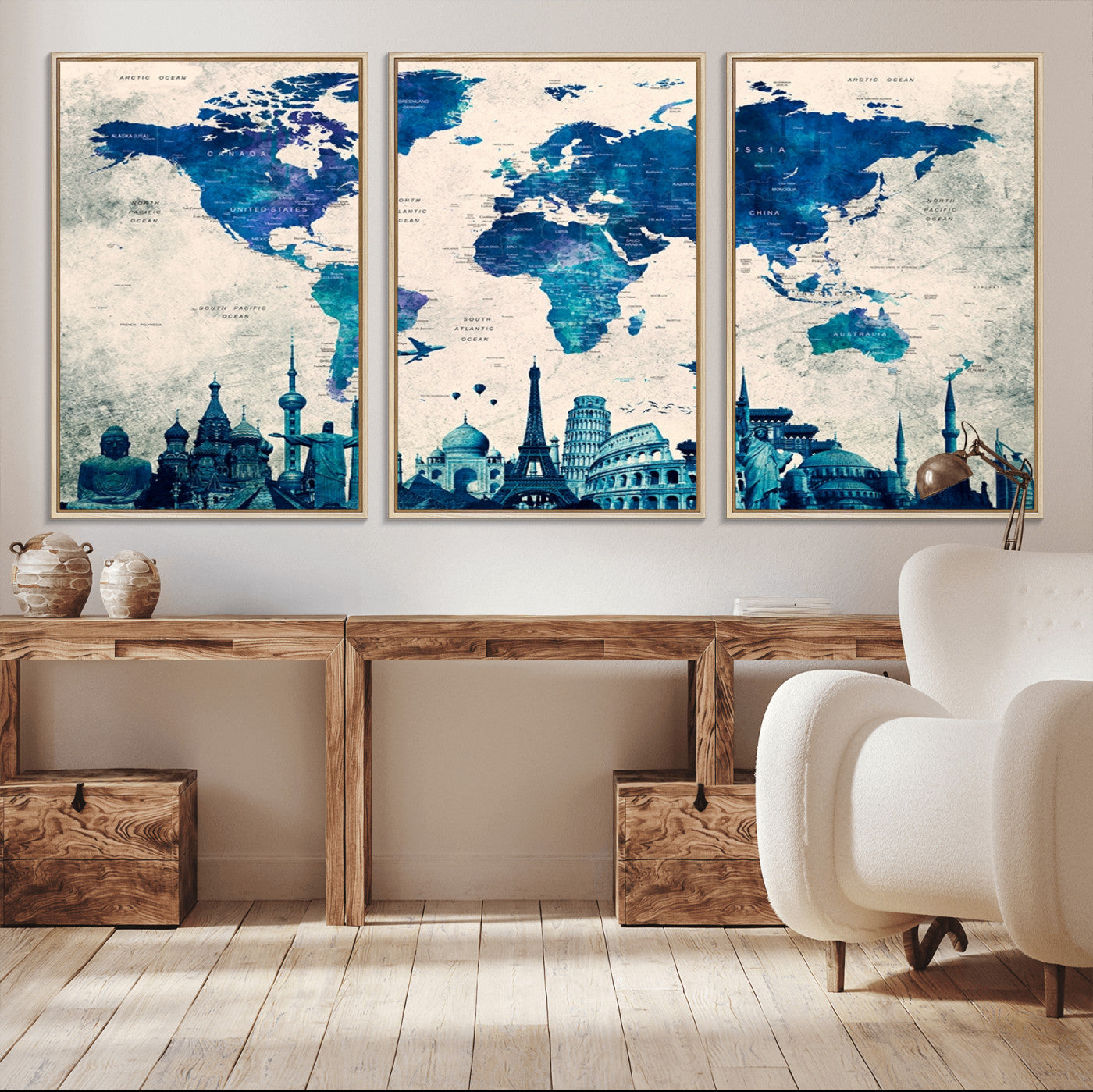 Navy Blue World Map Canvas Print, Wonder of World Map Push Pin Canvas Print