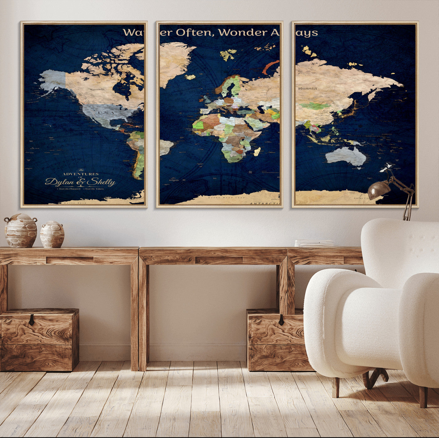 12399561-MGV-CV-30X20-Personalized World Map Print, Customizable Push Pin Framed World Map Print on Canvas - Custom Quote on Map Print