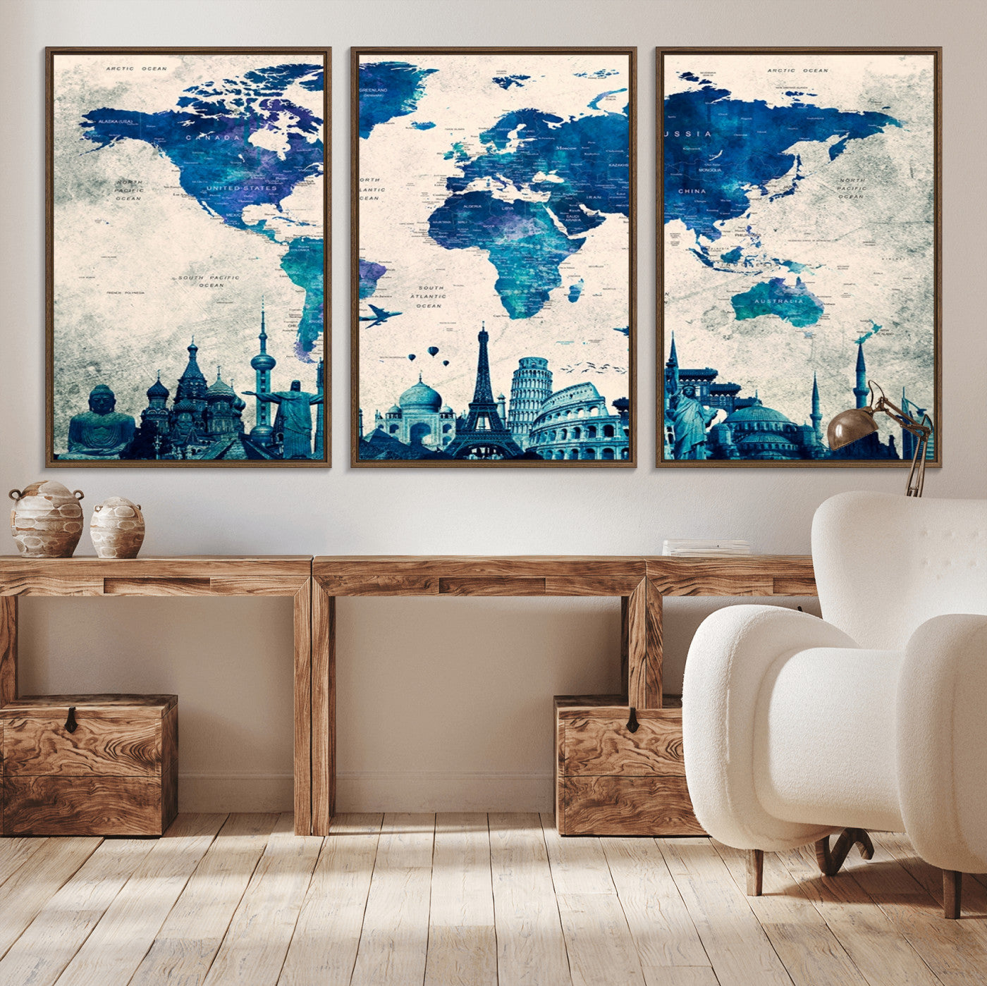 Navy Blue World Map Canvas Print, Wonder of World Map Push Pin Canvas Print
