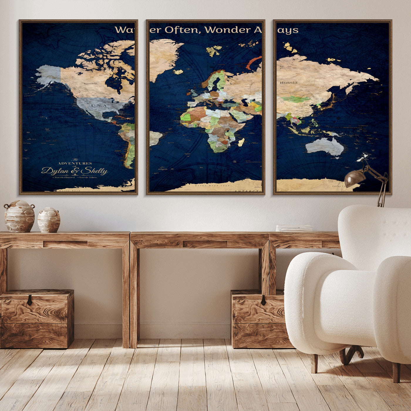 12399561-MGV-CV-30X20-Personalized World Map Print, Customizable Push Pin Framed World Map Print on Canvas - Custom Quote on Map Print